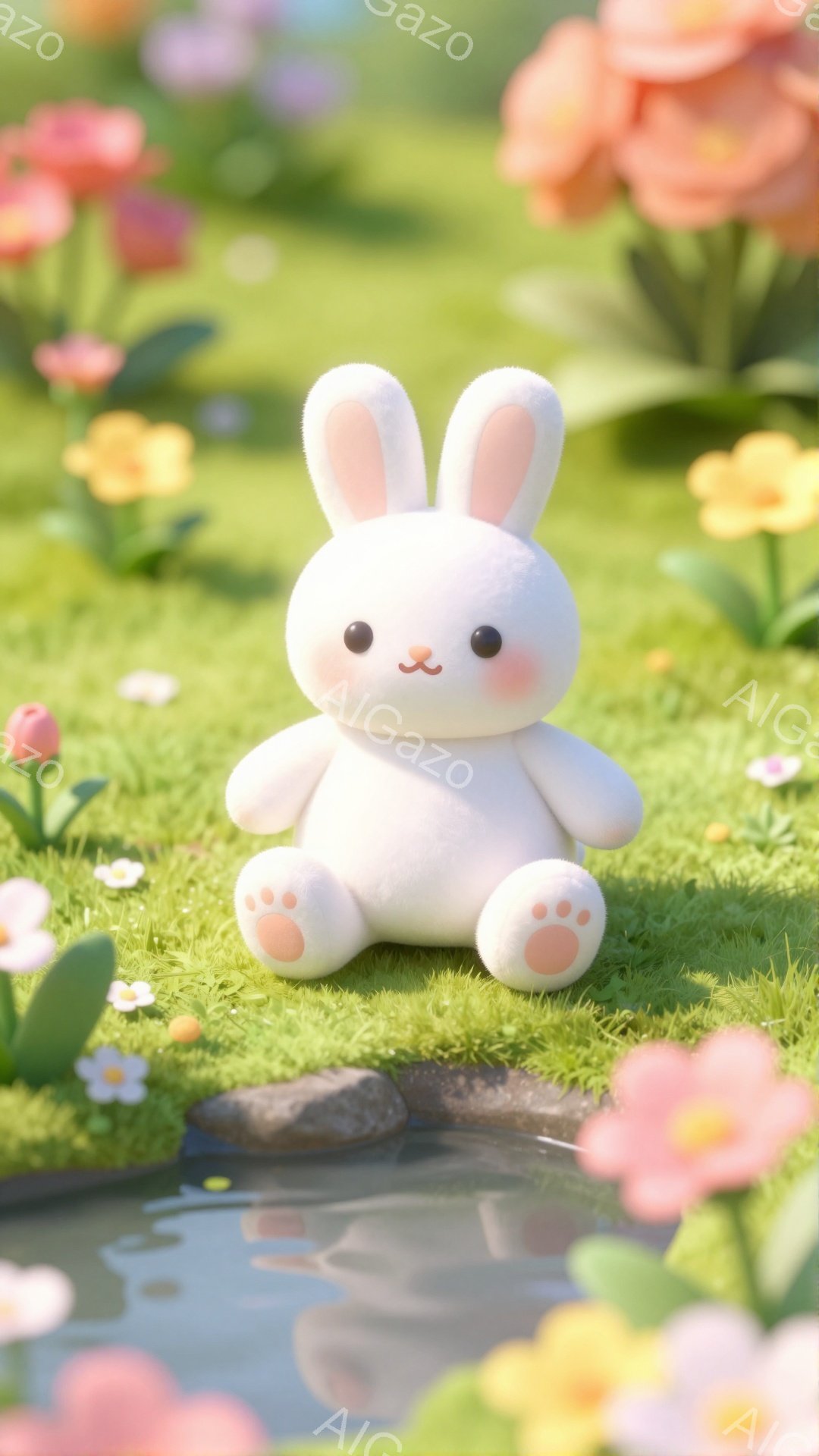 緑豊かな草原にふわふわの白い子ウサギが座っています。ピンクの小さな頬と輝く瞳が可愛らしく、春らしい穏やかな雰囲気を醸し出しています。周りには色とりどりの花が咲き乱れ、優雅で牧歌的な光景です。