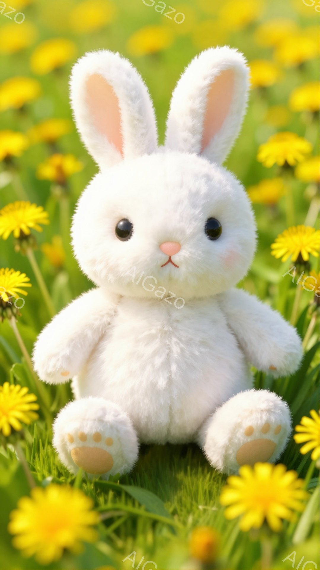 白いふわふわのウサギがタンポポがたくさん咲いた草原に座っています。大きな耳とピンクの鼻が可愛らしく、優しい表情をしています。背景は鮮やかな緑色と黄色で、春の暖かな雰囲気が感じられます。