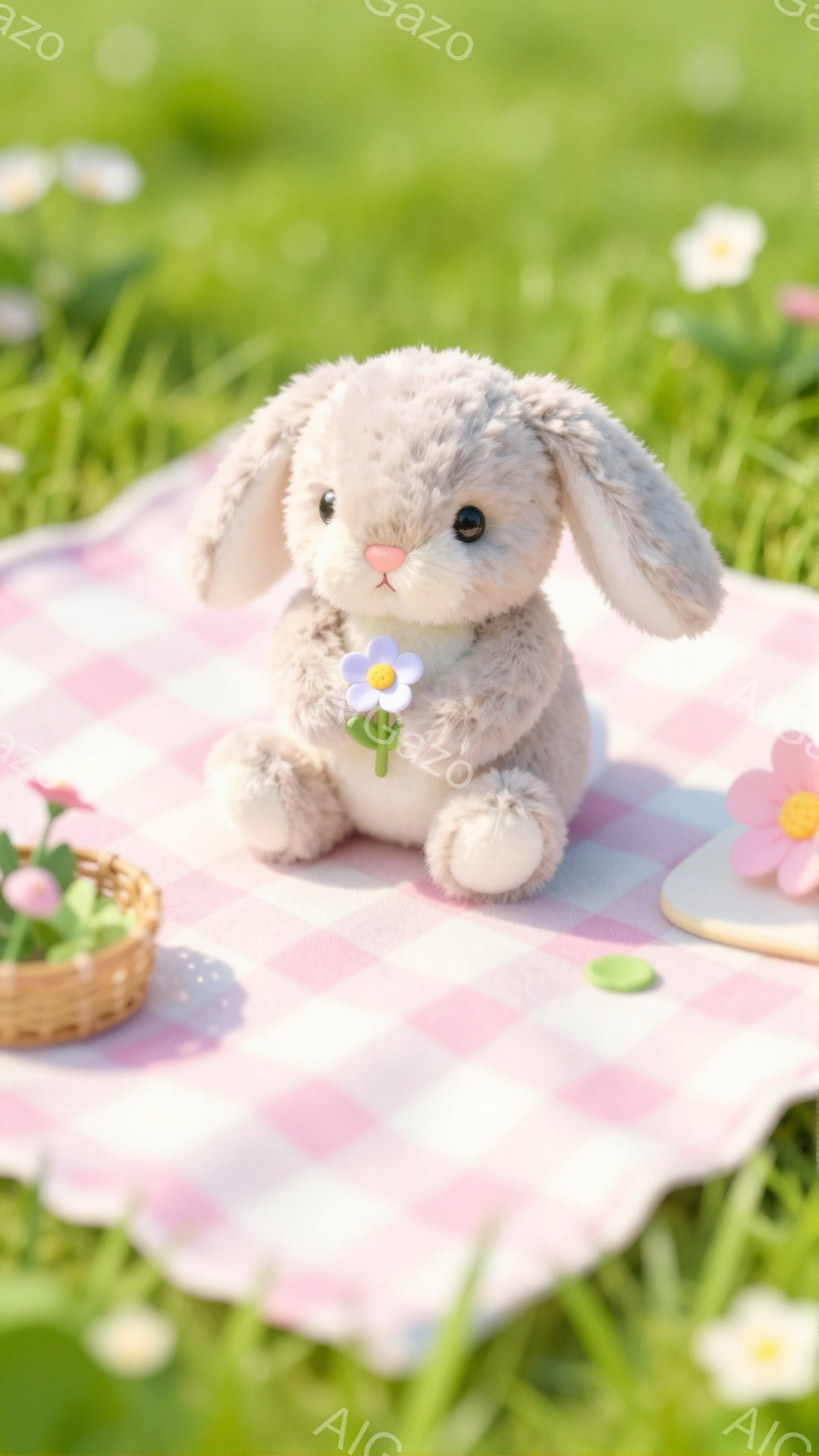 ふわふわのウサギのぬいぐるみが、ピンクと白のチェックの布の上に座っています。周りには白い花や緑の草が生い茂り、春のピクニックのような穏やかな雰囲気を醸し出しています。小さな籠には花が飾られ、可愛らしい光景です。