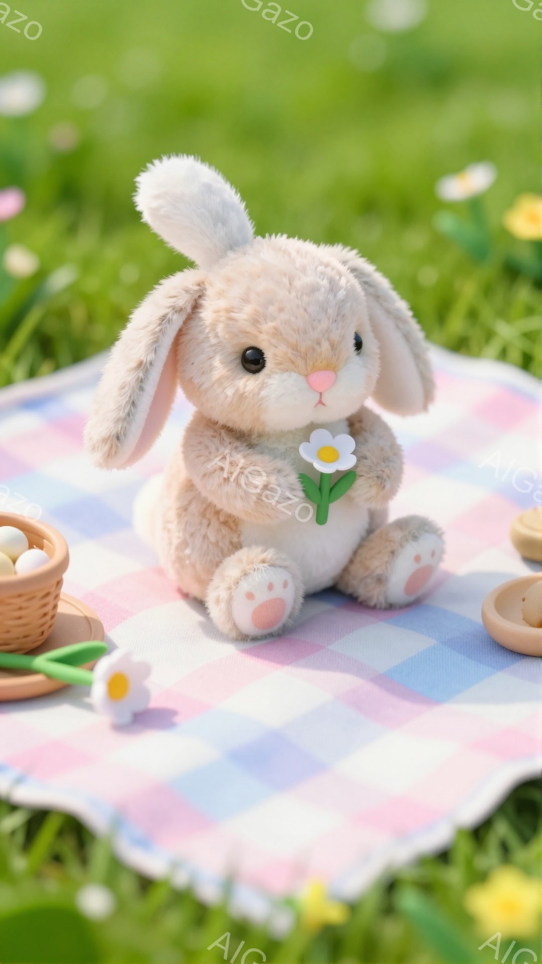 明るい緑の芝生の上に、チェック柄の布が敷かれており、その上にふわふわのクリーム色のウサギのぬいぐるみが座っています。ウサギは片手に小さな白い花を持っており、可愛らしい表情をしています。周りにはイースターらしい卵が置かれており、春らしい穏やかな雰囲気です。