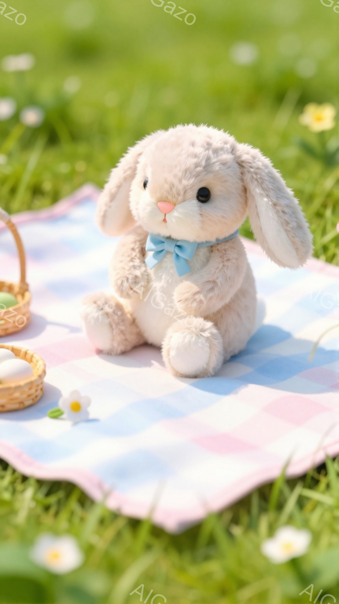 ふわふわのうさぎのぬいぐるみが、パステルブルーと白のチェック柄の敷物の上に座っています。ピンク色の鼻と青いリボンが可愛らしいアクセントになっています。背景には緑の草と白い花が咲き乱れ、穏やかな春の雰囲気を感じさせます。