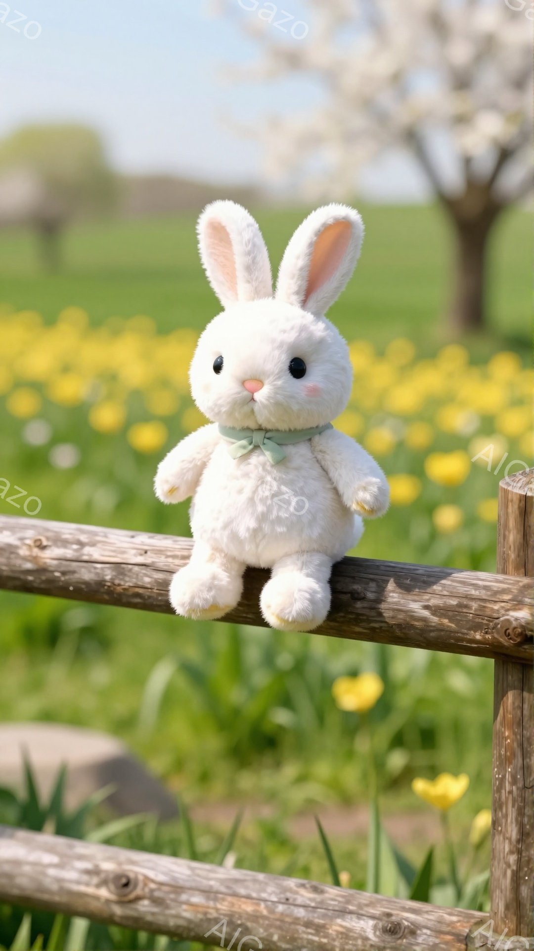 白いウサギのぬいぐるみは、木製の柵の上に座ってこちらを見ている。背景には黄色い花が咲き乱れ、春らしい穏やかな雰囲気が漂っている。ウサギは薄い緑のリボンをつけており、可愛らしい印象を与える。