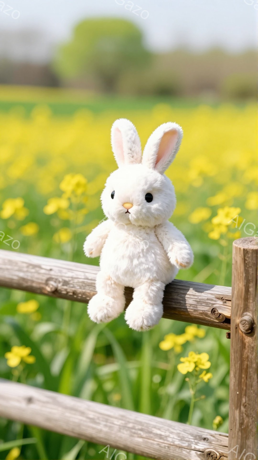 白いウサギのぬいぐるみは、緑のフェンスの上に座っています。背景には黄色い花が咲き乱れ、春の暖かな日差しが感じられます。可愛らしいウサギと鮮やかな花々が、穏やかで優しい雰囲気を演出しています。