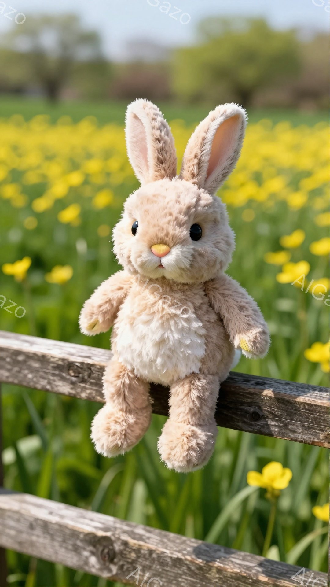 柔らかい茶色のうさぎのぬいぐるみが、木製の柵の上に座ってこちらを見つめています。背景には鮮やかな黄色の花が咲き乱れ、春の穏やかな雰囲気を醸し出しています。光が柔らかく差し込み、全体的に暖かく優しい印象を与えます。