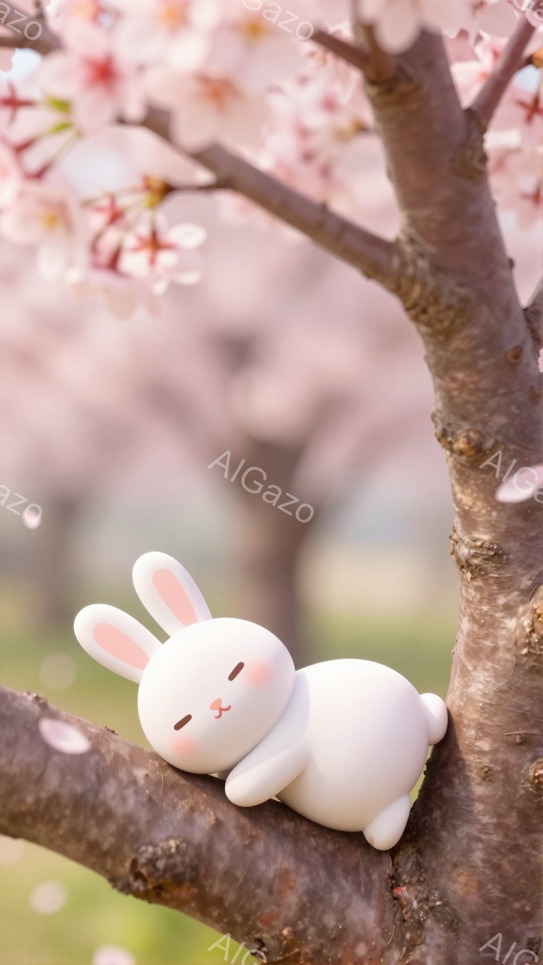 白くてふわふわしたウサギが、桜の枝に寄りかかって眠っています。背景は桜の花びらで満たされており、春の穏やかな雰囲気を醸し出しています。ウサギの愛らしい表情と、優しい色合いが印象的です。