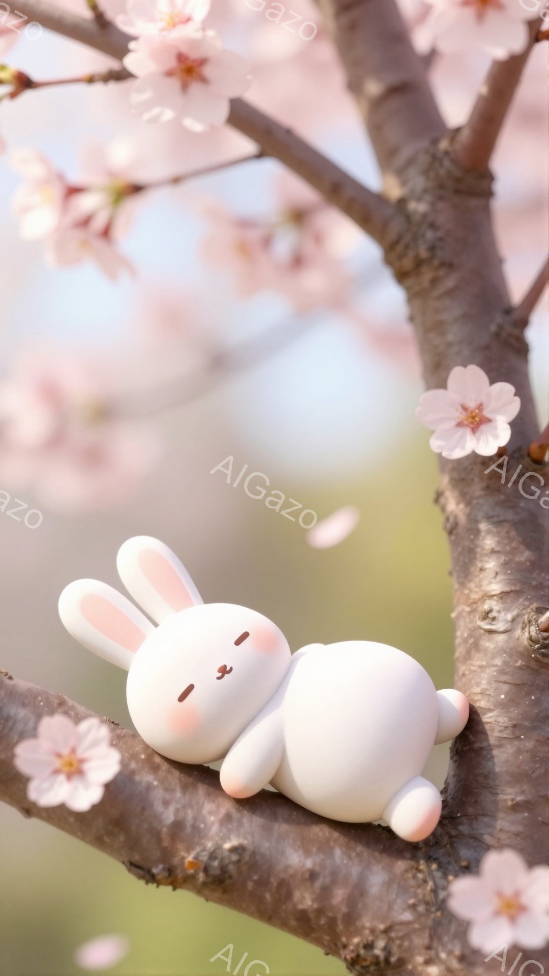 白いウサギのぬいぐるみは、桜の枝に横たわって眠っています。周りには桜の花びらが舞い、春の穏やかな雰囲気が漂っています。可愛らしい姿と背景の桜が、優しい気持ちにさせてくれます。