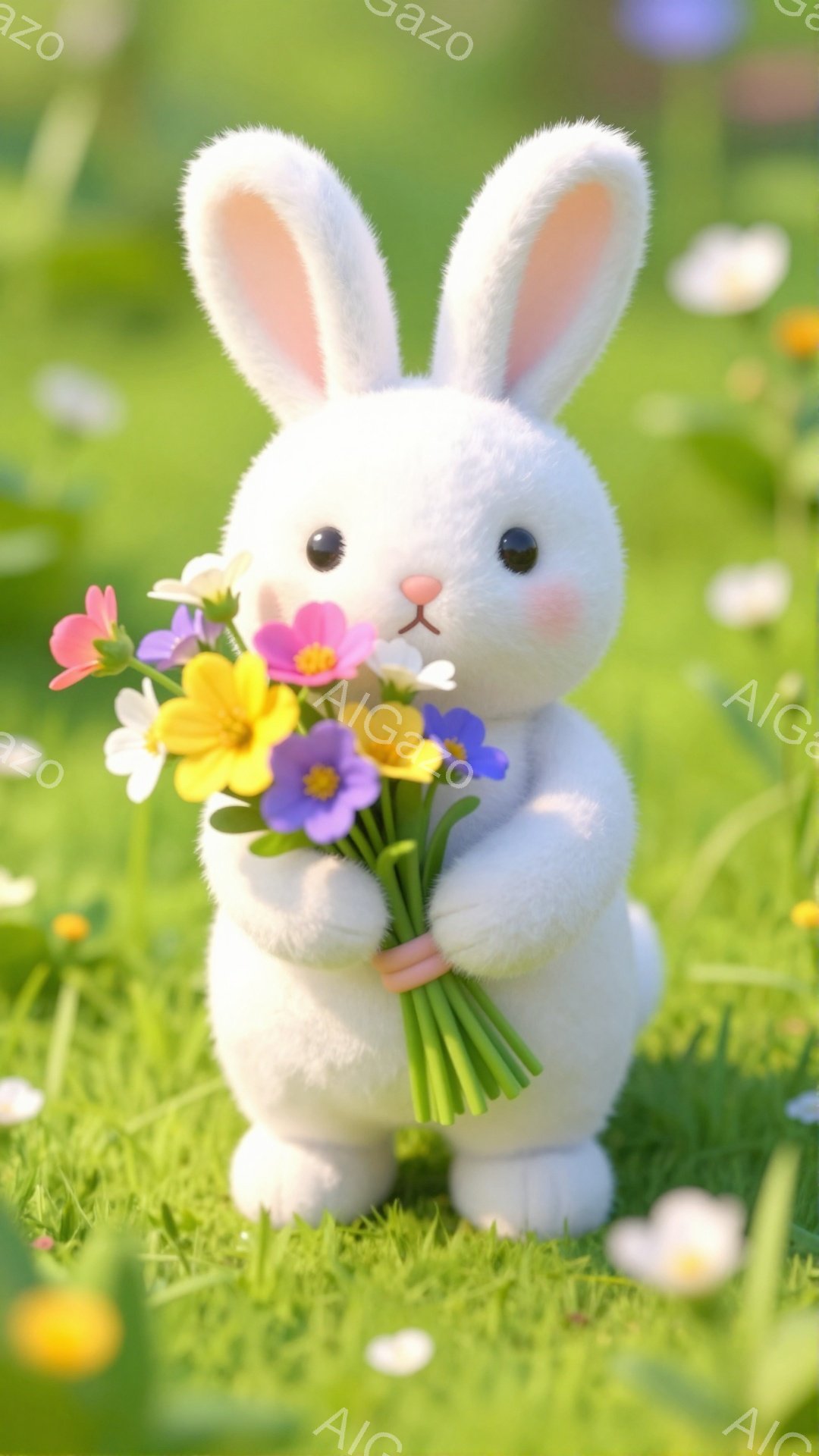 白いウサギが花束を抱えています。緑の草むらの中で、可愛らしい表情で花を見つめています。背景には様々な色の小さな花が咲き誇り、春らしい暖かく優しい雰囲気を醸し出しています。 - AI生成フリー素材