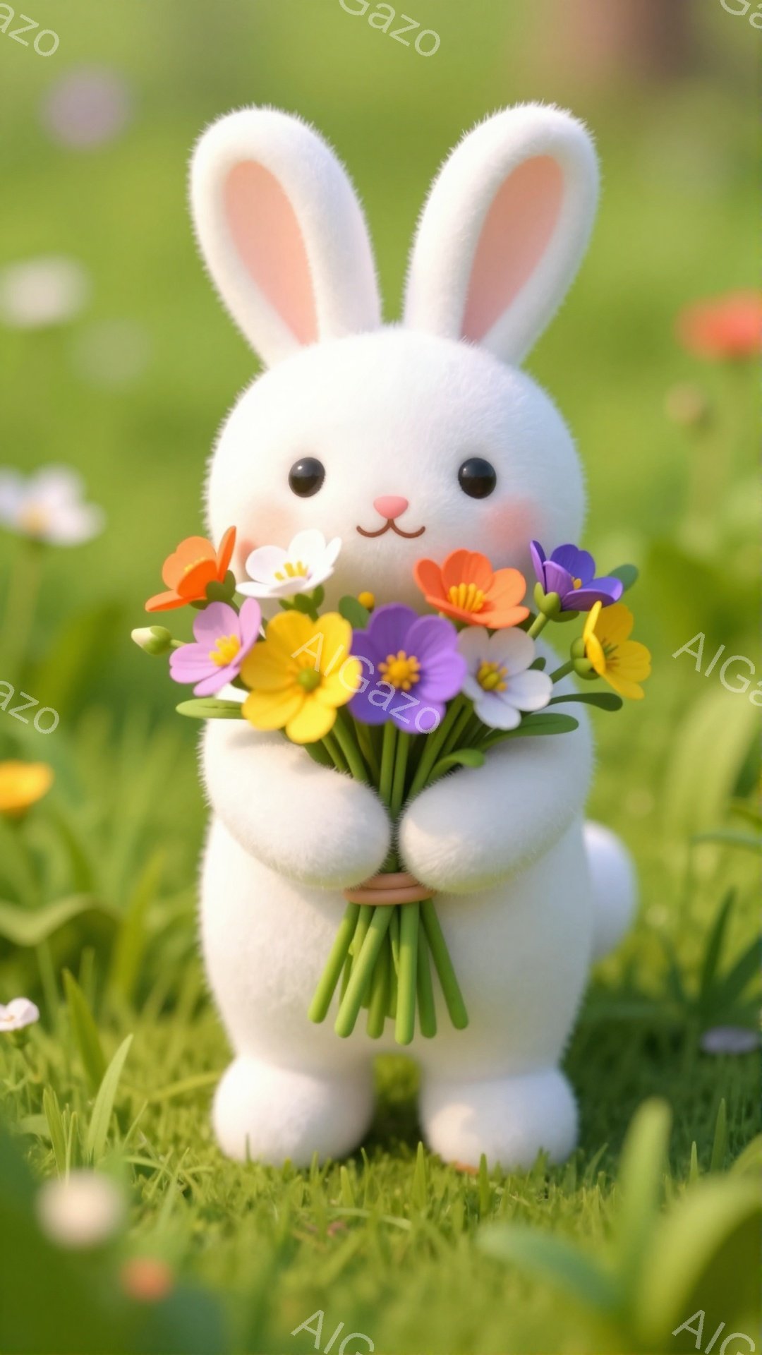 白いウサギが、カラフルな花束を抱えています。緑の草むらの中で、可愛らしい表情でこちらを見ている様子が描かれています。背景にはぼやけた花々が散りばめられ、春らしい暖かく優しい雰囲気が漂っています。