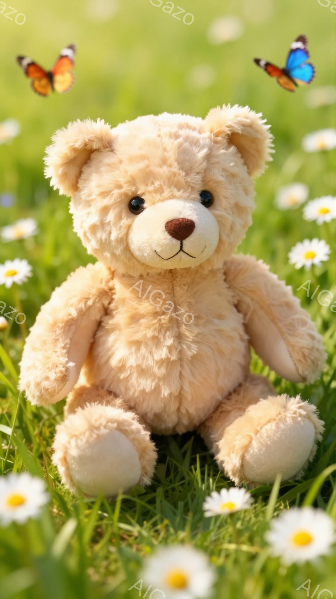 ふわふわのベージュ色のテディベアが、白い花が咲き乱れる緑の草原に座っています。周りには蝶が舞い、穏やかで平和な雰囲気が漂っています。春らしい明るい光が、可愛らしいベアを優しく照らしています。