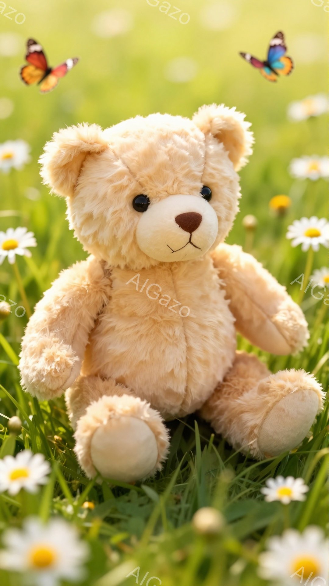 淡いベージュ色のテディベアが緑の草むらに座っている。白い花が周囲に散りばめられ、空には鮮やかな色の蝶が舞っている。暖かく穏やかな雰囲気で、春または夏の日の自然を楽しむ様子が伝わってくる。