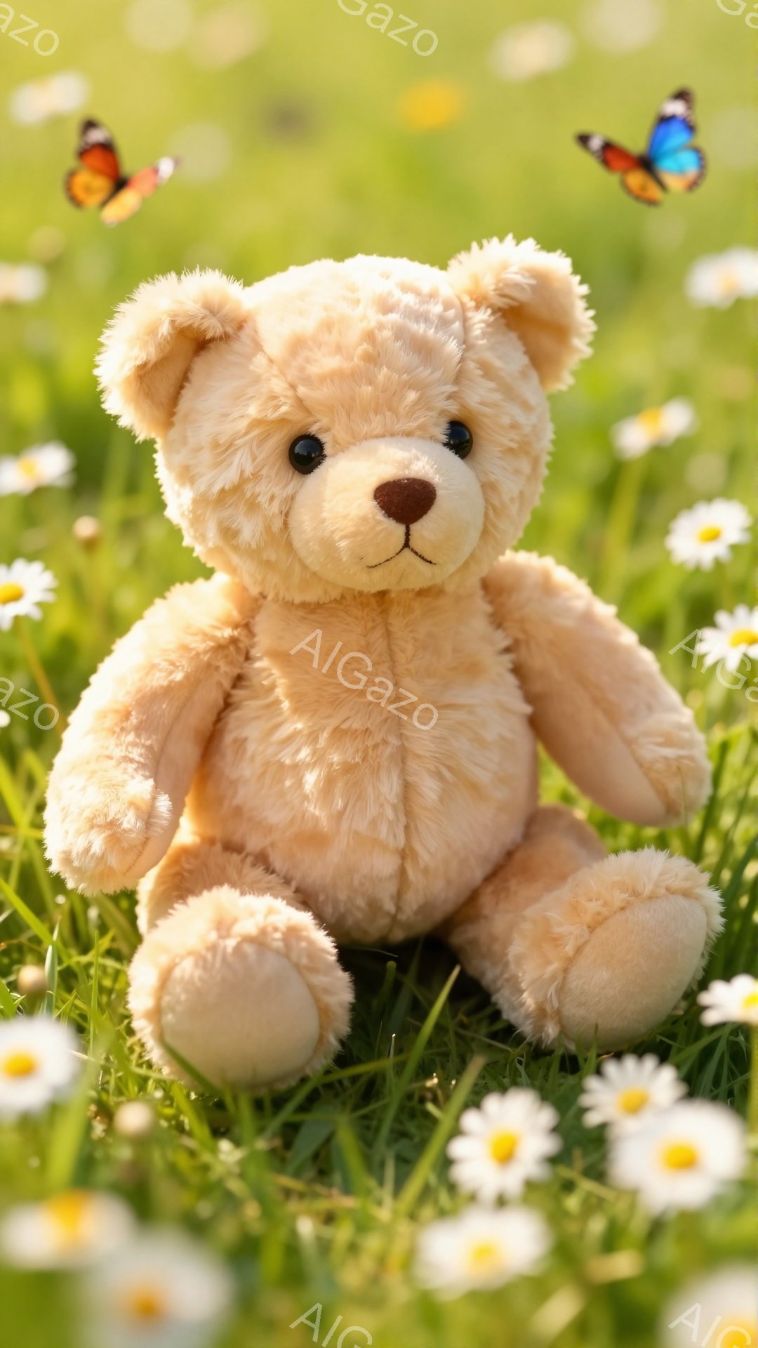 柔らかいベージュ色のテディベアが、白いデイジーが咲く緑の草原に座っています。周りにはオレンジと黒の模様の蝶が舞い、春らしい穏やかな雰囲気です。温かみのある光が、テディベアと花々を照らしています。