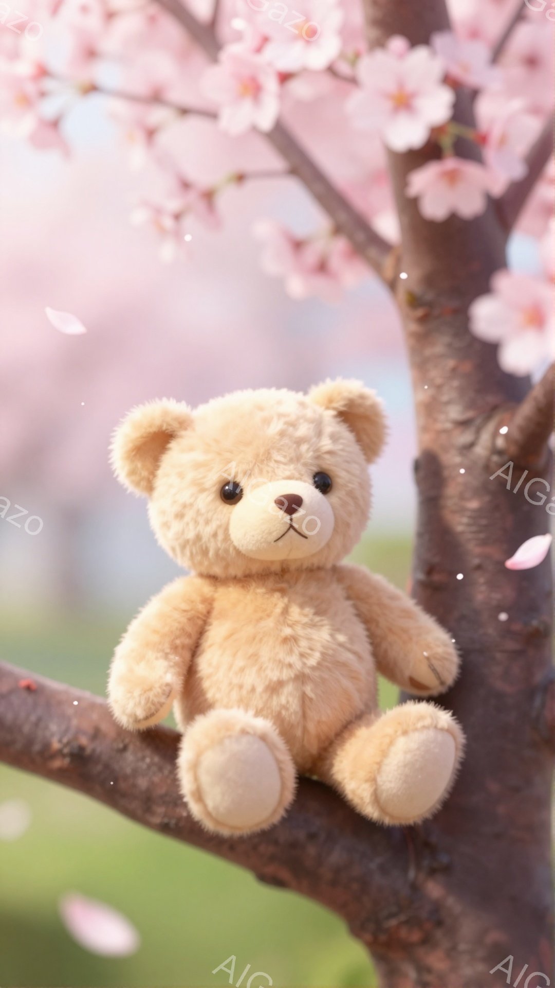 桜の木の枝にとまった、ふわふわのテディベアが愛らしい。柔らかいクリーム色の毛並みと優しい表情が春の暖かさを感じさせる。背景にはぼやけた桜並木と緑が広がり、穏やかで優しい雰囲気を醸し出している。