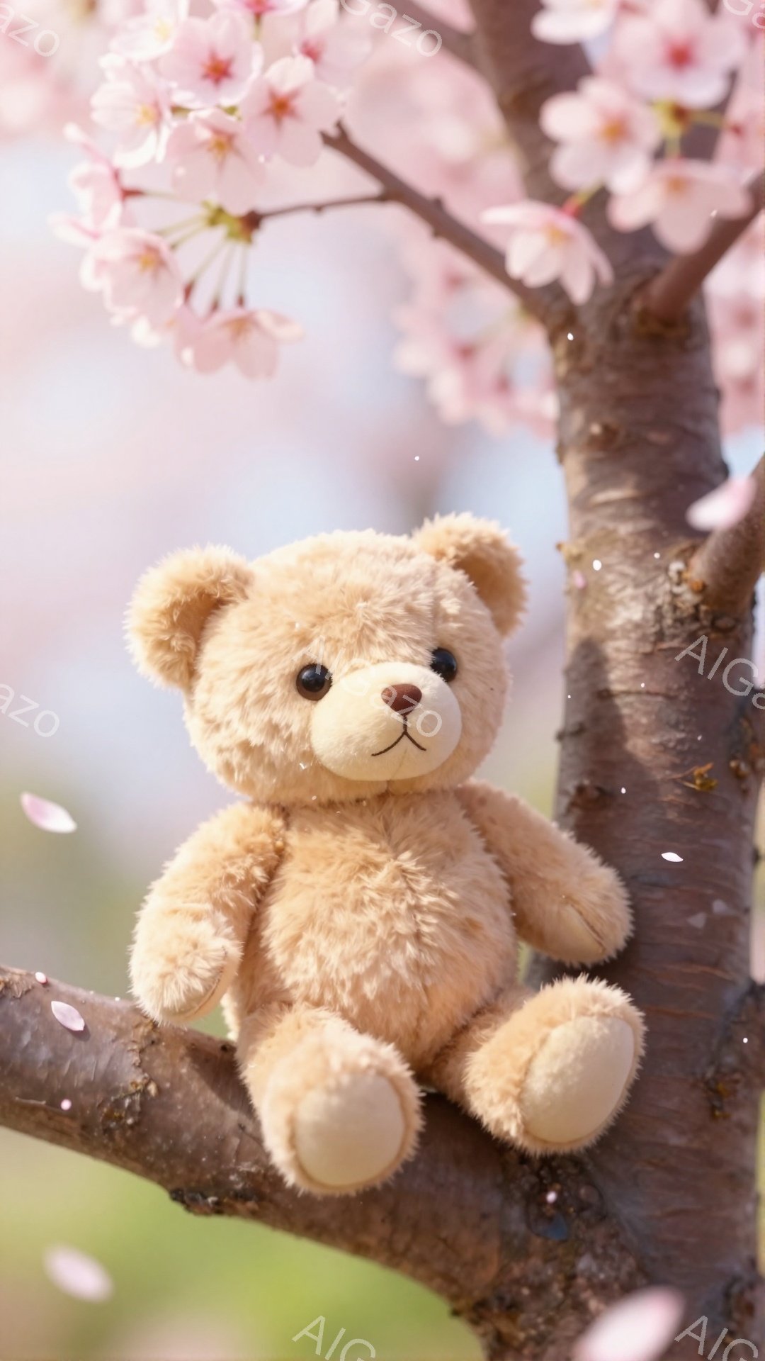 可愛らしいテディベアが桜の木の枝に座っています。周りには桜の花びらが舞い、春の穏やかな雰囲気を醸し出しています。背景はぼかされており、テディベアが際立っています。