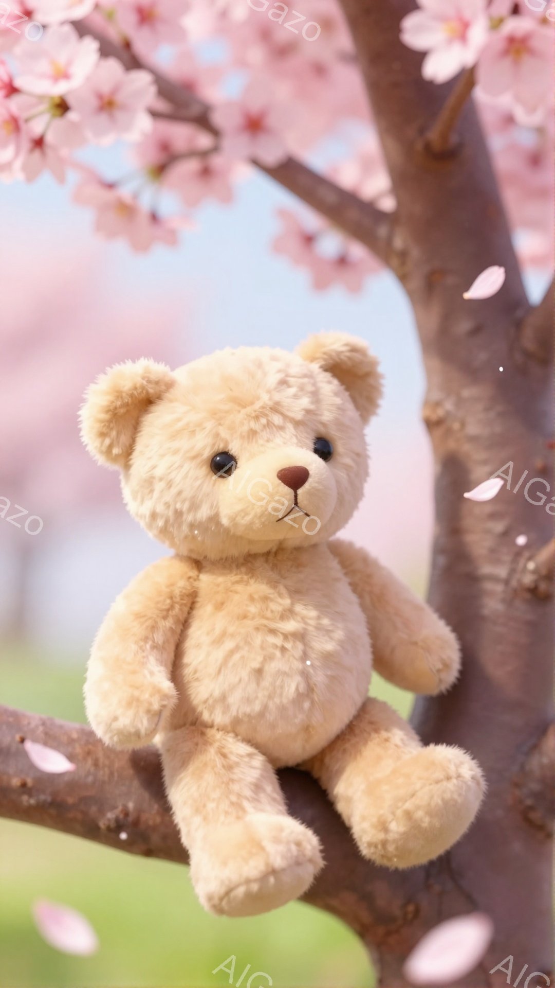 ふわふわのテディベアが桜の枝に座っています。ピンク色の桜の花びらが舞い散り、春の穏やかな雰囲気を醸し出しています。背景はぼやけており、柔らかい光がテディベアを優しく照らしています。