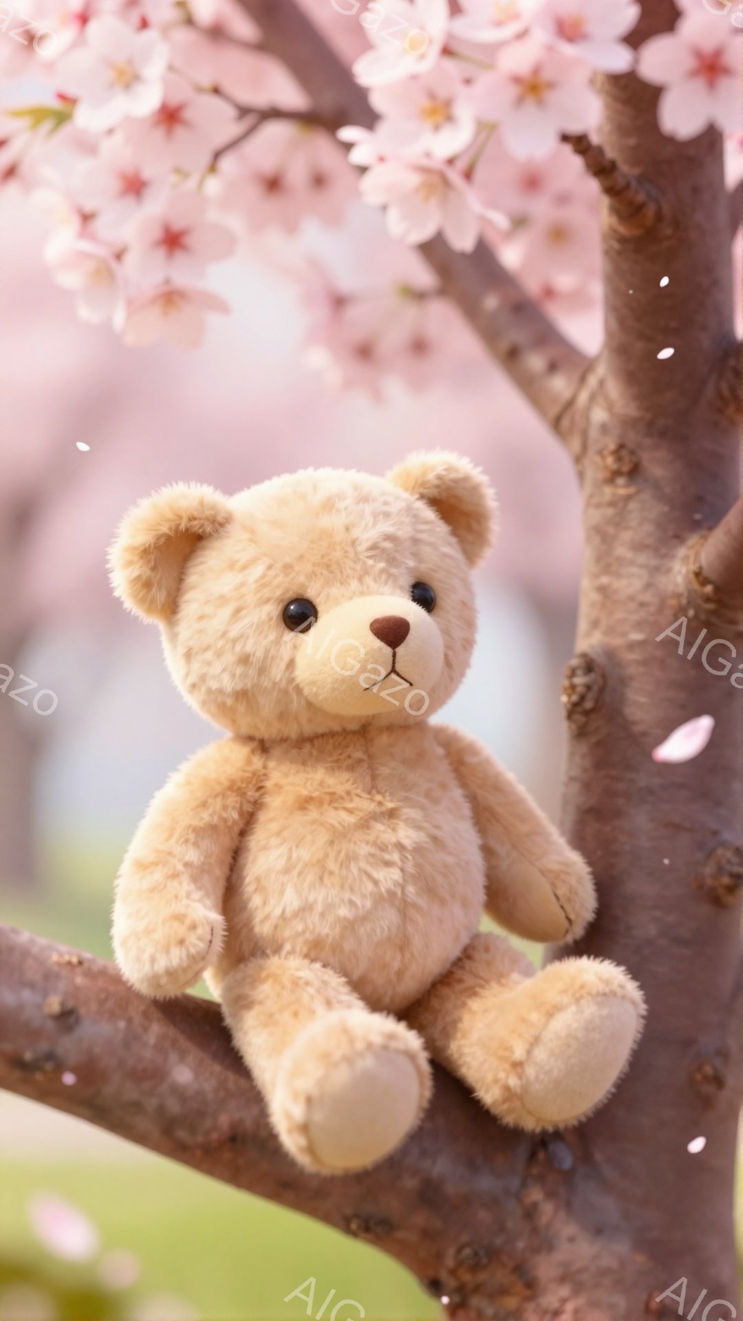 可愛らしいテディベアが桜の枝に座っています。ピンク色の桜の花びらが舞い散り、春の暖かく穏やかな雰囲気が漂っています。背景はぼやけており、テディベアが際立っています。