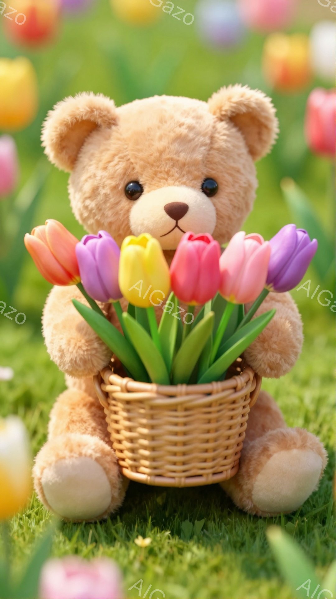 ふわふわのテディベアが、花でいっぱいのバスケットを抱えています。背景には、カラフルなチューリップが咲き乱れ、春の暖かさと幸福な雰囲気が漂います。鮮やかな色合いと愛らしいベアの組み合わせが、見る人の心を和ませます。