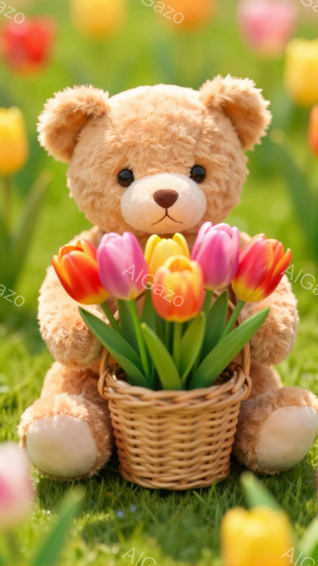 茶色のテディベアが緑の草むらに座り、花が咲き乱れる中でバスケットいっぱいのチューリップの花を持っている。ベアは可愛らしい表情で、春らしい暖かく柔らかな雰囲気を醸し出している。背景には様々な色のチューリップがぼかして描かれ、より一層季節感と温かさを強調している。