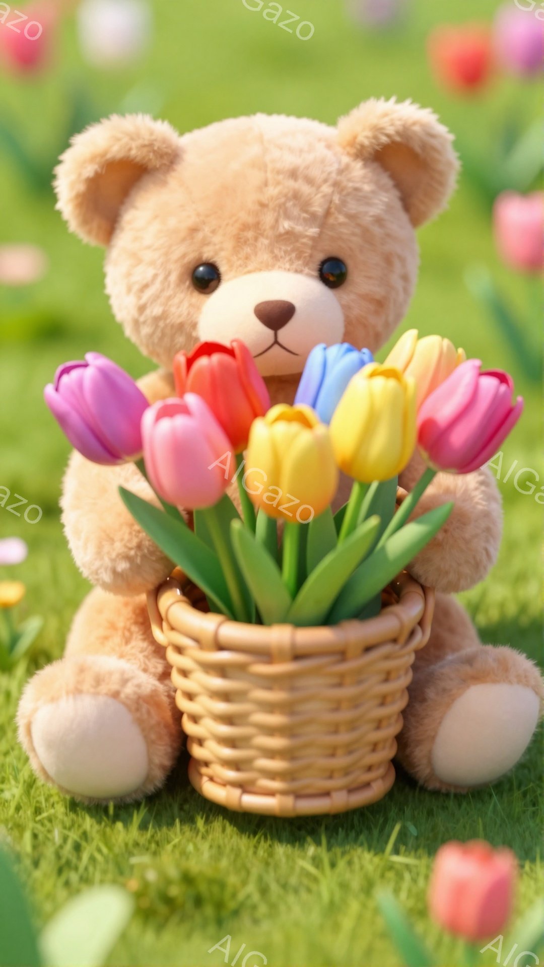 ふわふわの茶色のテディベアが、花でいっぱいのバスケットを抱えています。背景は緑の草とぼやけたピンクやオレンジ色のチューリップで、春らしい暖かく優しい雰囲気です。ベアは可愛らしい表情で、春の訪れを祝うような優しいイメージを与えます。