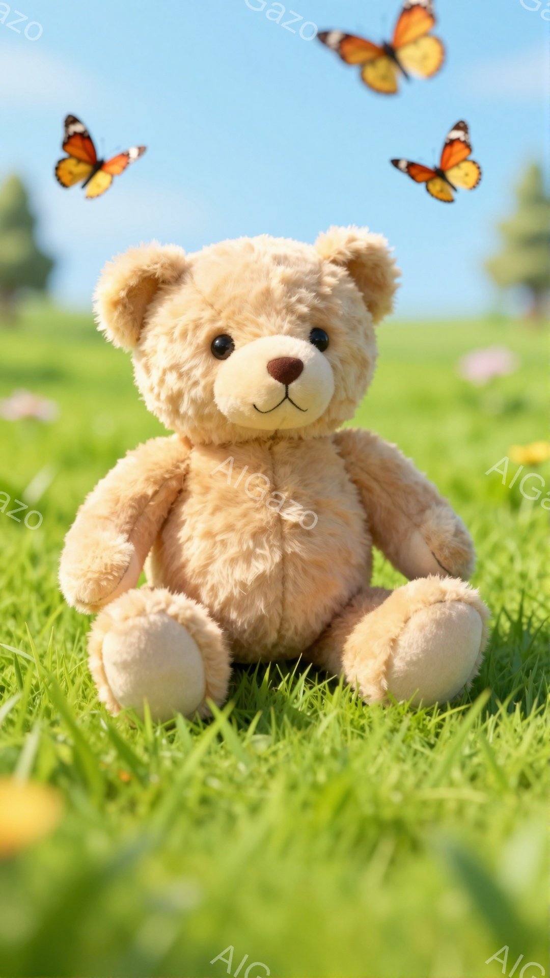 柔らかい茶色のテディベアが緑の草の上に座っています。周りにはオレンジと黒の蝶が飛び交い、春の穏やかな雰囲気を感じさせます。背景にはぼやけた木々と青空が広がり、のどかな風景を作り出しています。