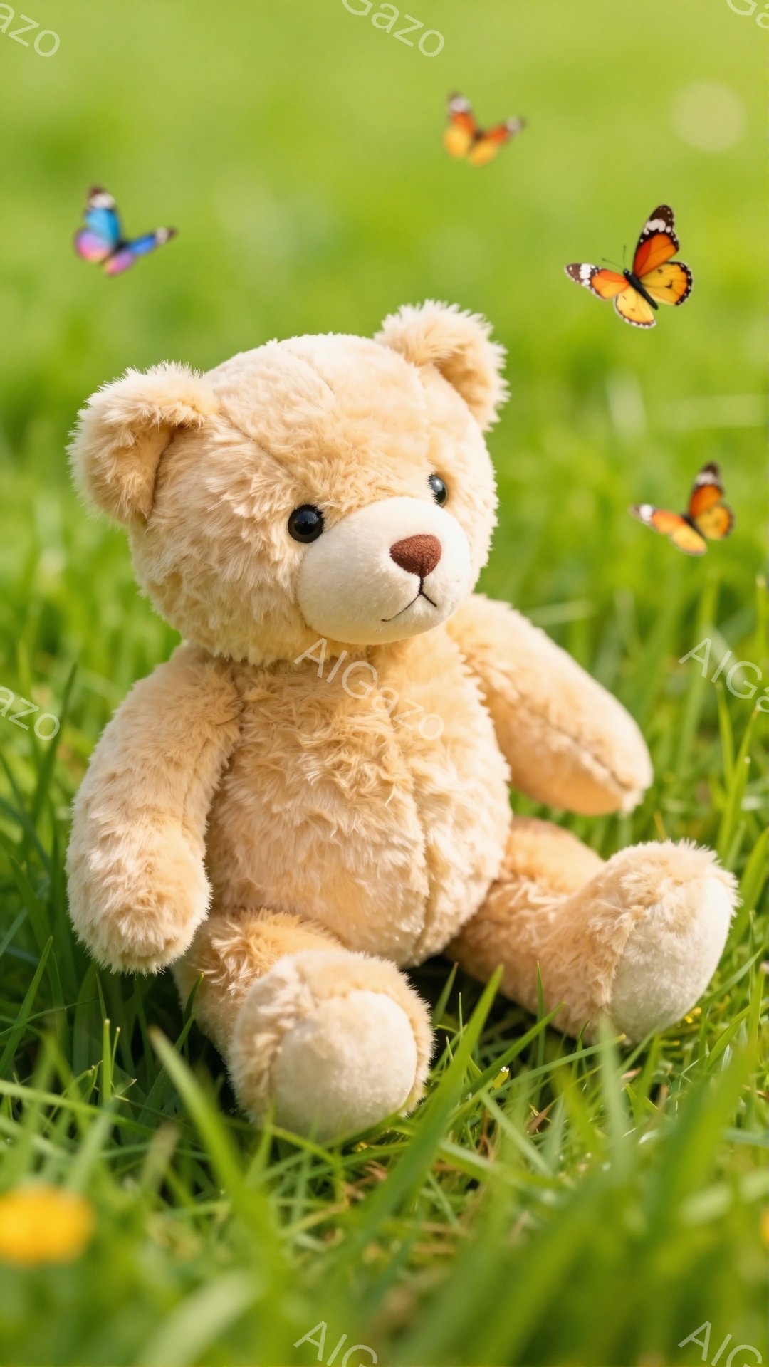 明るい緑の草原に、クリーム色のテディベアが座っています。周りにはカラフルな蝶が舞い、暖かく穏やかな雰囲気を醸し出しています。テディベアは愛らしい表情で、リラックスした時間を過ごしているようです。