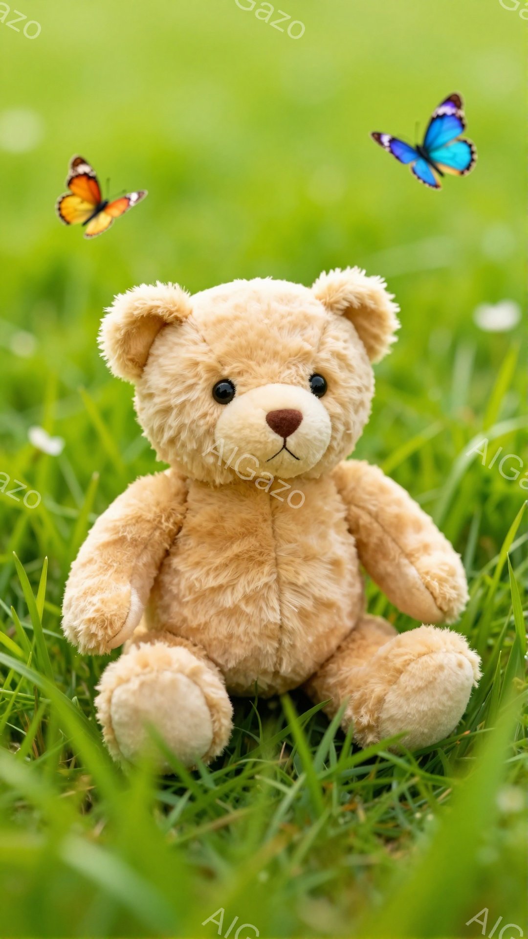 緑の草の上に座っている明るい茶色のテディベアです。周りには美しい蝶が舞っており、暖かく、のどかな雰囲気を醸し出しています。ベアは柔らかく愛らしい表情をしており、自然の中でリラックスした時間を楽しんでいるようです。