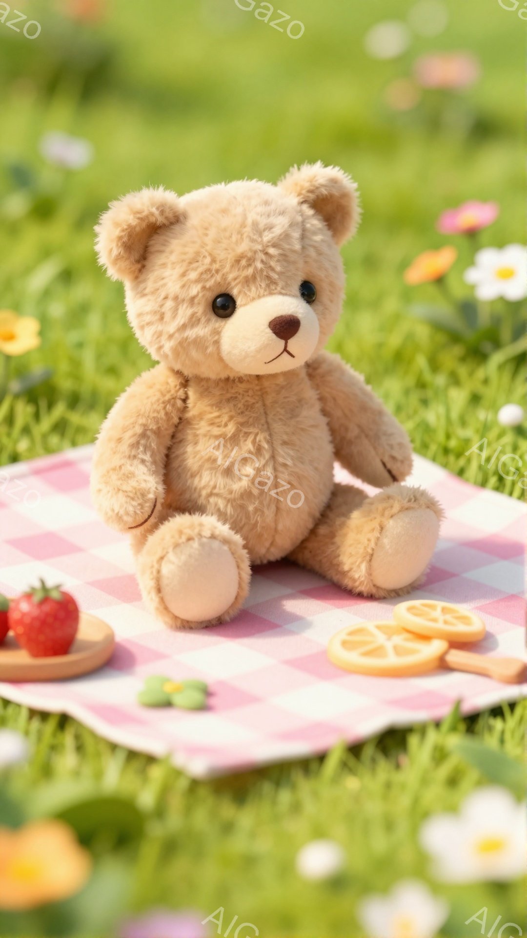緑の芝生の上にピンク色のチェック柄のピクニックシートが敷かれ、そこに可愛らしい茶色のテディベアが座っています。周りにはタンジェリンやイチゴなどのフルーツが置かれており、春らしい穏やかなピクニックの風景が広がっています。鮮やかな色彩と柔らかい光が、温かさと幸福感を演出しています。