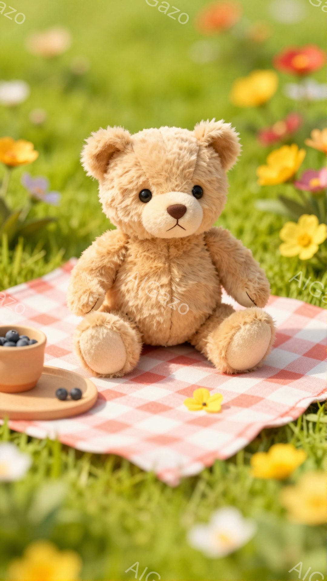 柔らかいクリーム色のテディベアが、ピンク色のチェック柄の敷物の上に座っています。周囲には黄色や白の花が咲き乱れ、ピクニックのような可愛らしい雰囲気です。小さな器に入ったブルーベリーが隣に置かれており、暖かく穏やかな一日を感じさせます。