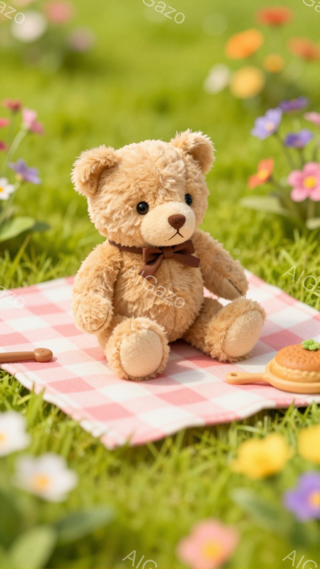 柔らかい茶色のテディベアが、ピンクと白のチェック柄の毛布の上に座っています。背景には色とりどりの小さな花が咲き乱れ、春のピクニックのような穏やかな雰囲気が漂っています。クマは小さな蝶ネクタイを付けていて、可愛らしい印象を与えます。