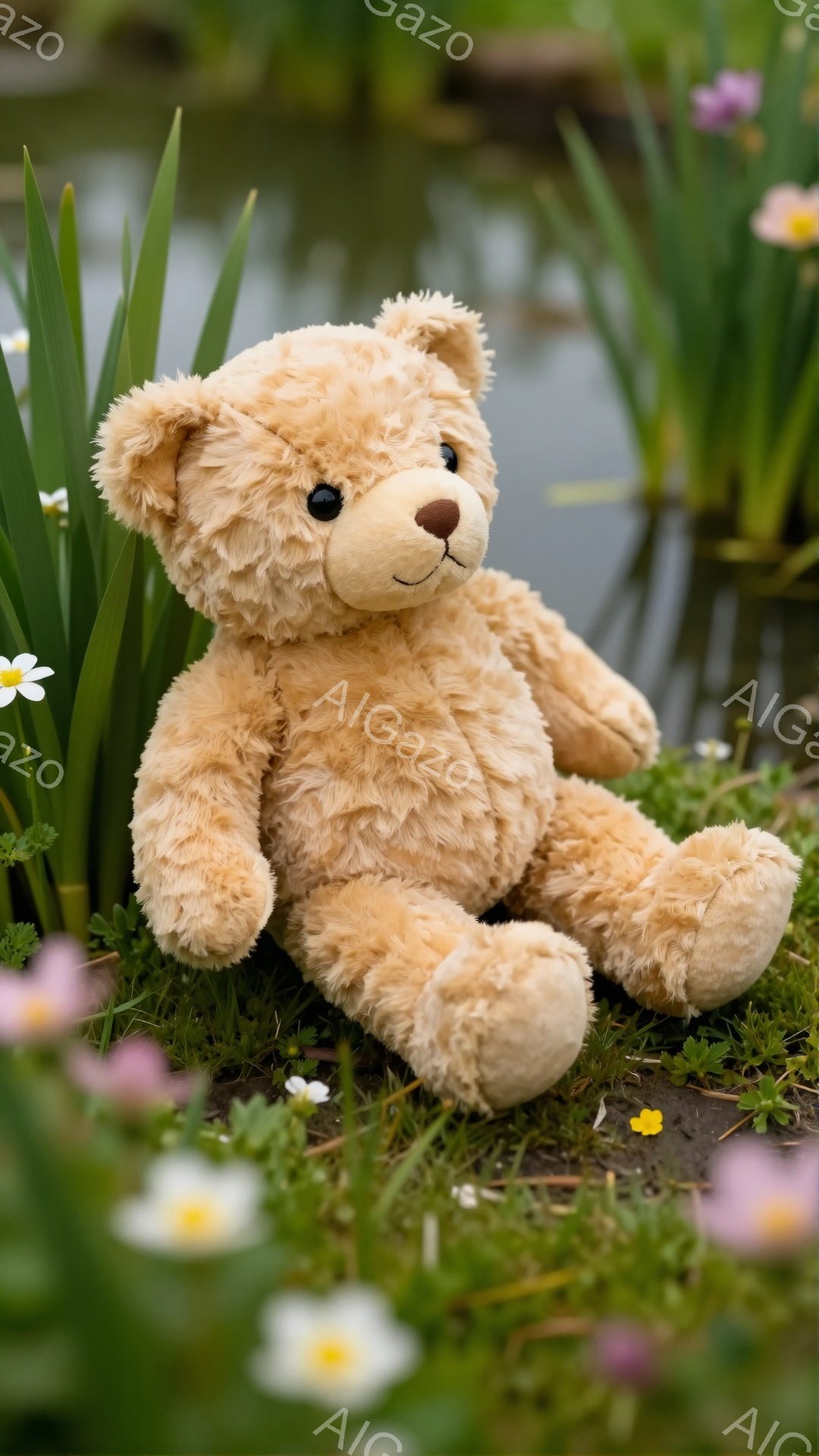 明るい緑の草の上に、ふわふわの茶色のテディベアが座っています。周りには小さな白い花が咲き、背景には穏やかな水面が見えます。春の暖かく優しい雰囲気が漂う、可愛らしい光景です。