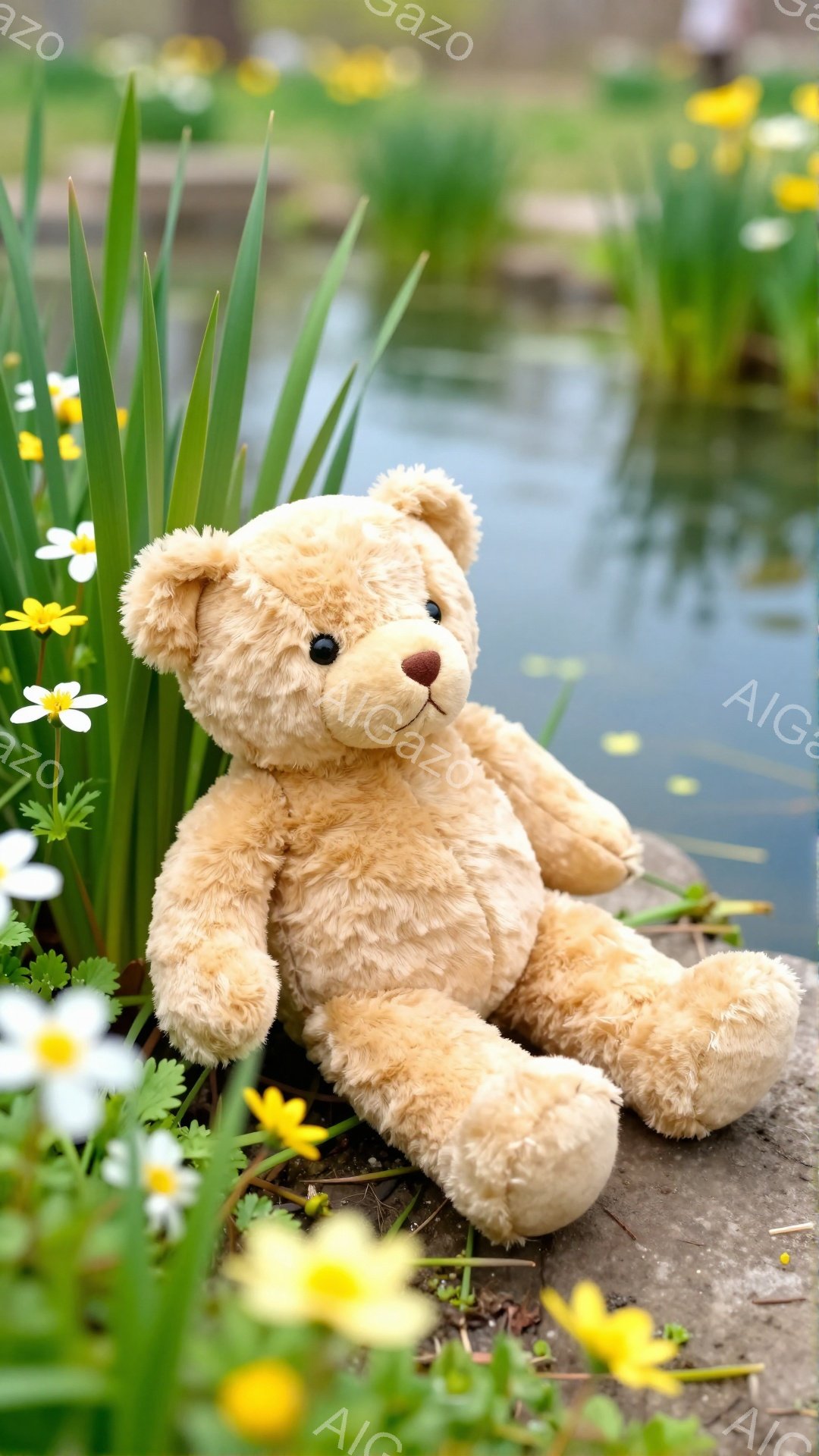 苔むした石の上に、ふわふわの茶色のテディベアが座っています。周りには黄色い花が咲き乱れ、背景には穏やかな水面が広がっています。春の暖かく優しい雰囲気が感じられます。