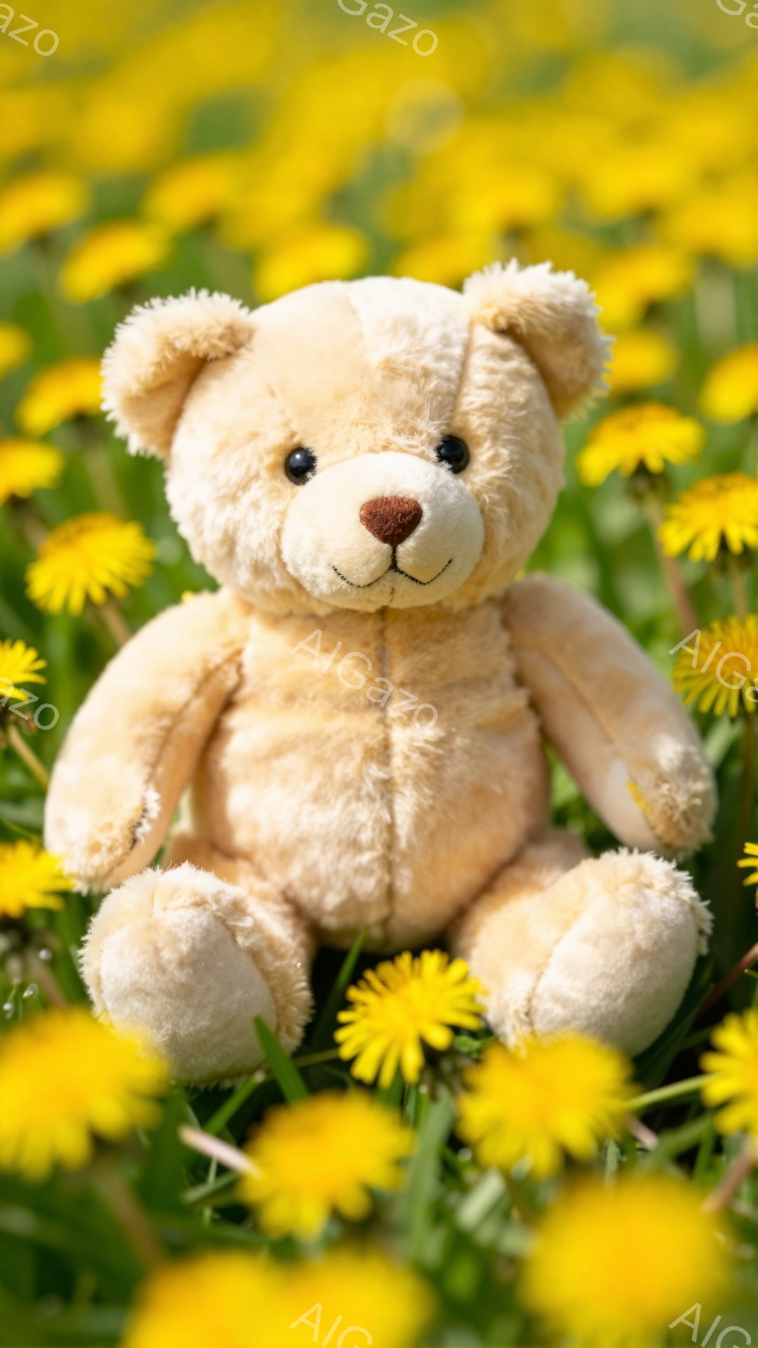 淡いクリーム色のテディベアがタンポポが咲き乱れる草原に座っています。ふわふわとした毛並みと愛らしい表情が印象的で、穏やかな春の日の雰囲気を醸し出しています。背景には黄色いタンポポが広がり、暖かく優しい光に包まれています。