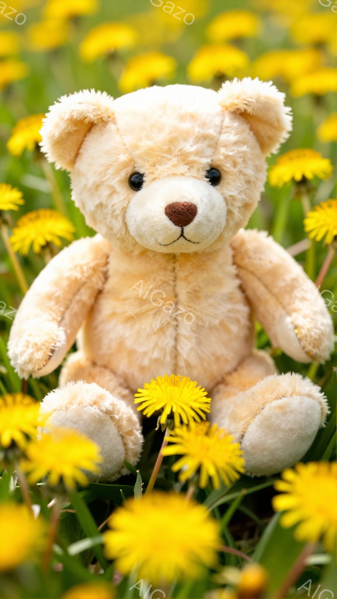淡いクリーム色のテディベアがタンポポがたくさん咲いた草原に座っています。ベアは丸みを帯びた体と、つぶらな黒い瞳が特徴的で、穏やかな表情をしています。背景には鮮やかな緑と黄色が広がり、春の暖かく柔らかな雰囲気が漂います。
