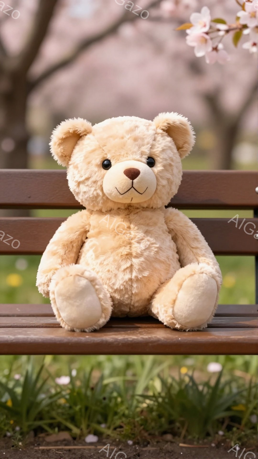 柔らかいベージュ色のテディベアが公園のベンチに座っています。背景には桜の木と緑の草むらがあり、春の穏やかな雰囲気が漂っています。かわいらしいテディベアは、見ている人をほっとさせる温かさがあります。