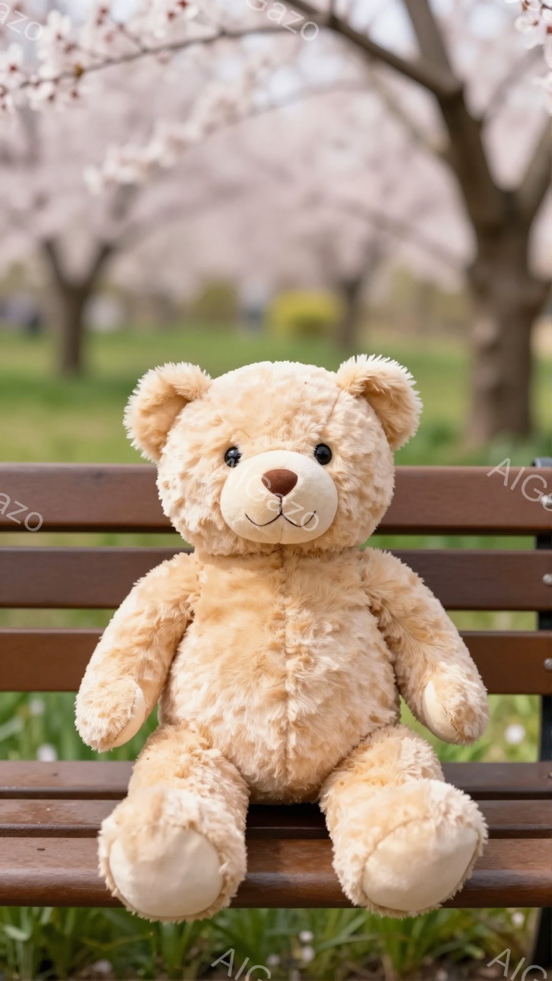 桜並木に置かれた茶色のテディベアが、木製のベンチに座っています。優しい表情で、春の穏やかな日差しの中でリラックスした雰囲気を醸し出しています。背景には、ぼんやりと桜の花が咲き誇る様子が見えます。