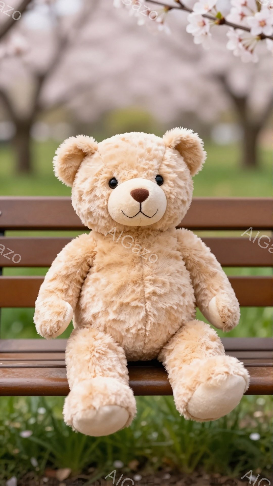 ベンチに座っているテディベアが写っています。そのベアは明るい茶色で、ふっくらとした体格をしています。背景には、ぼやけたピンク色の桜が咲き乱れ、春の穏やかな雰囲気が漂っています。