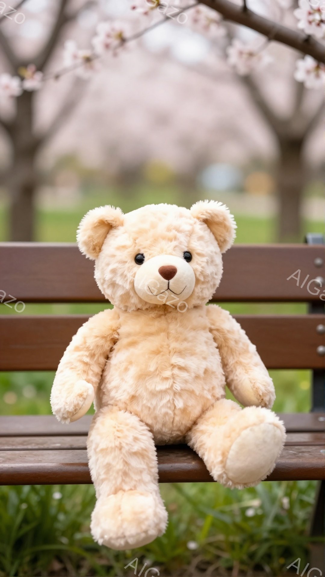 桜の木の下のベンチに座っている、柔らかいクリーム色のテディベアがいます。可愛らしい表情で、春の穏やかな日差しの中でリラックスした雰囲気を醸し出しています。背景にはぼやけた桜の花が咲き誇り、暖かく優しい印象を与えます。