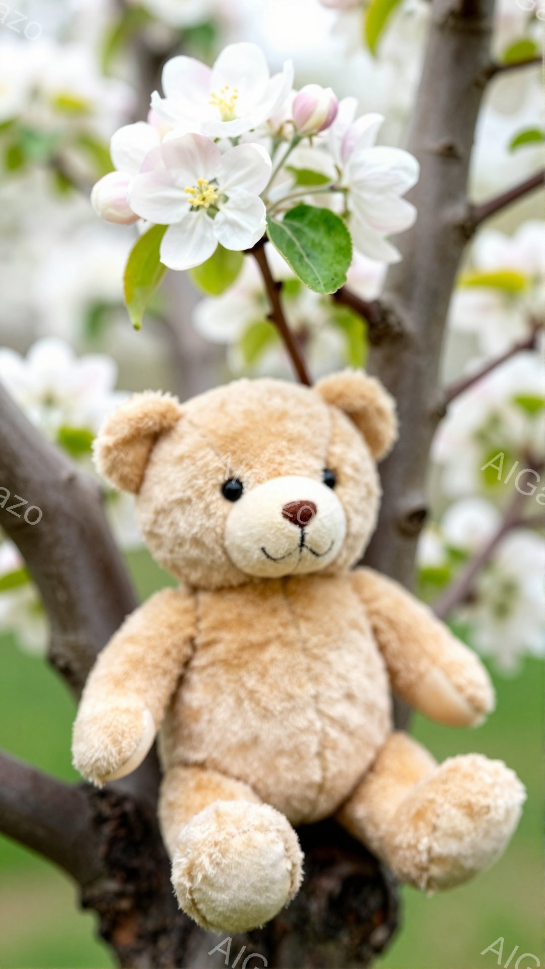 枝に座っている、ふわふわの茶色いテディベアがいます。その周りには白い花が咲き乱れ、春の穏やかな雰囲気を醸し出しています。背景はぼやけており、テディベアが引き立てられています。