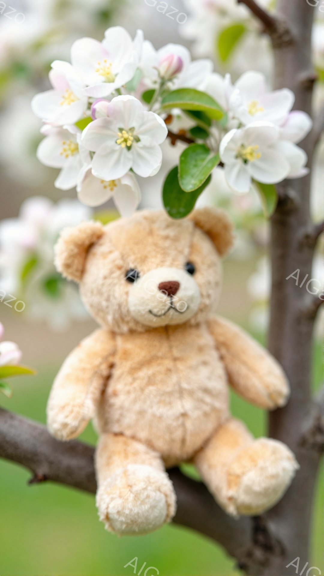 優しい色合いのテディベアが枝に座っています。背景には白く可愛らしい花が咲き乱れ、春の穏やかな雰囲気を醸し出しています。鮮やかな緑の背景が、テディベアと花のコントラストを際立たせています。