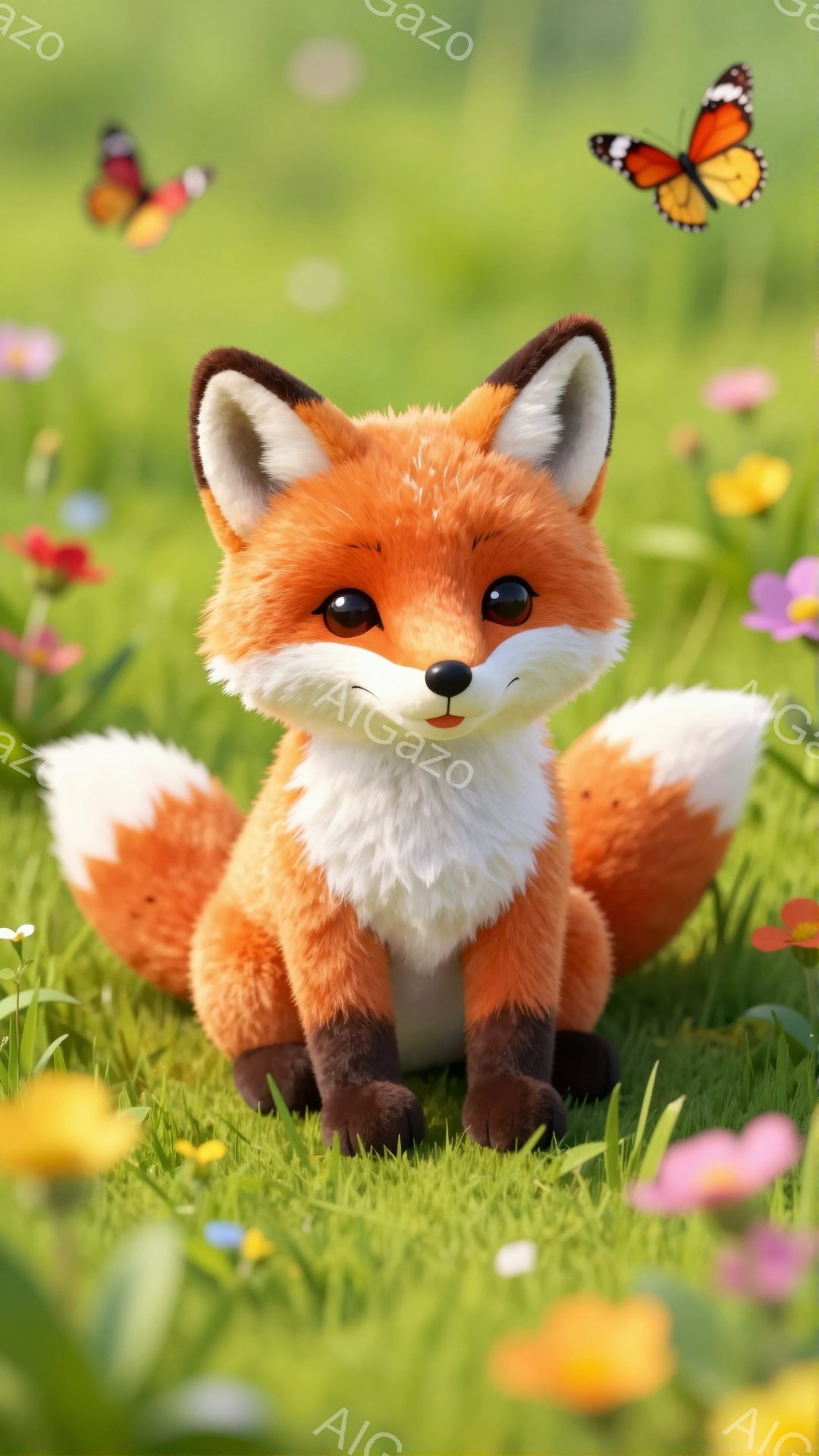 鮮やかな緑の草原に、愛らしい子ギツネが座っています。ふさふさのオレンジ色の毛並みと、大きな瞳が特徴的です。周りには色とりどりの花が咲き、空には蝶が舞い、平和な春の日の光景です。 - AI生成フリー素材
