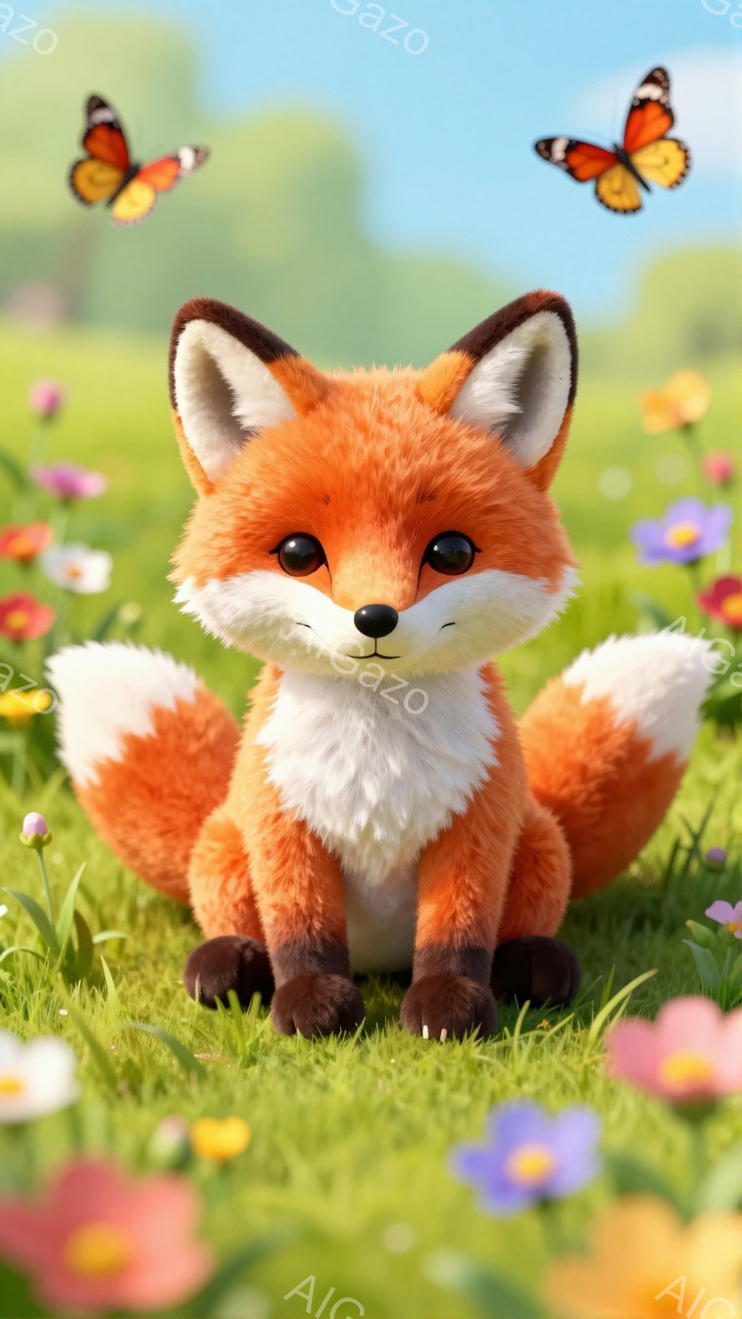 明るい緑の草原に、オレンジ色の可愛らしいキツネが座っています。背中には白い毛並みのふさふさとした尾が特徴的で、周りには色とりどりの花が咲き乱れています。空にはオレンジ色の蝶が舞い、暖かく穏やかな春の雰 - AI生成フリー素材
