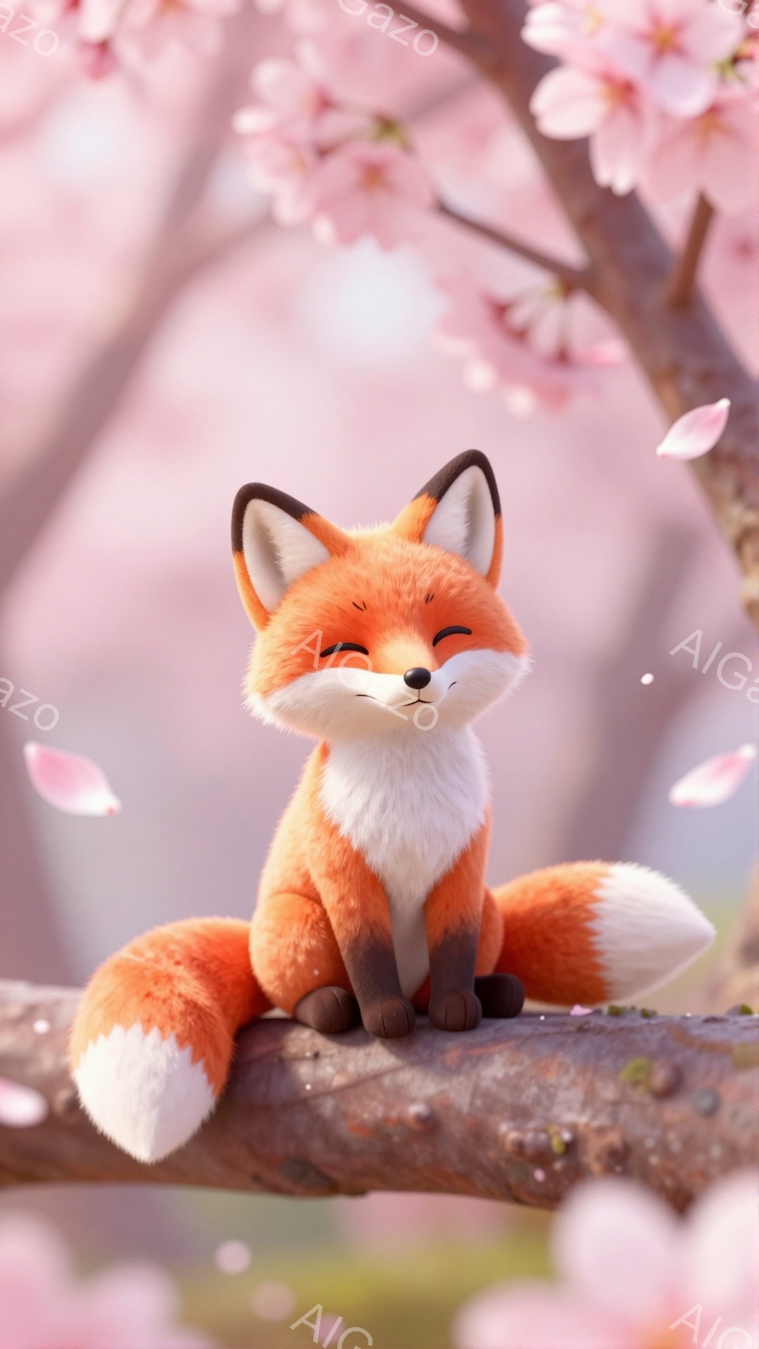 桜の木の枝に座っている可愛らしいキツネが描かれています。ふっくらとした体と笑顔が特徴で、春らしい穏やかな雰囲気を醸し出しています。背景には桜の花びらが舞い散り、幻想的な景色を作り出しています。