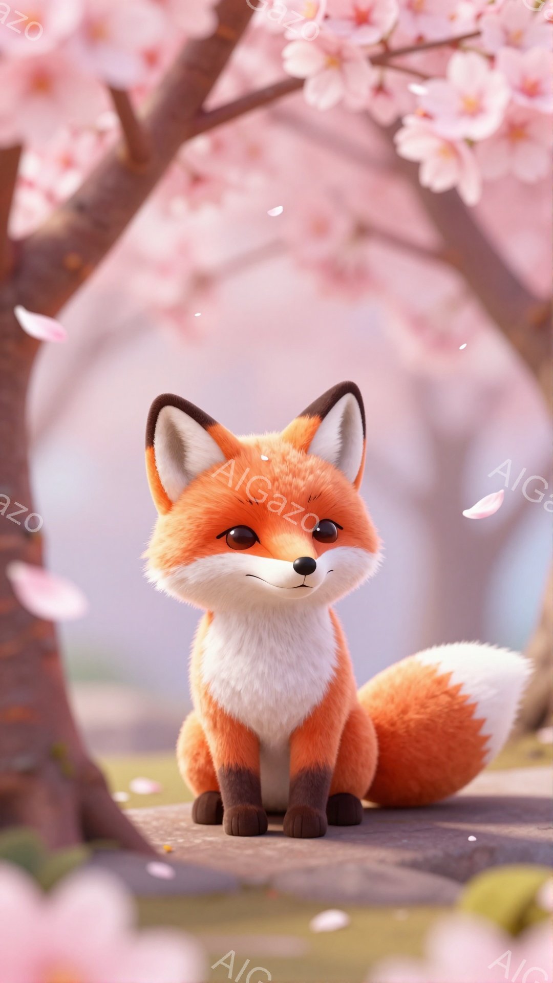 鮮やかなオレンジ色のキツネが、ピンク色の桜の花びらが舞う中で座っています。その表情は穏やかで、ふっくらとした体と丸い目が愛らしいです。背景には桜の木があり、春の暖かく優しい雰囲気を醸し出しています。