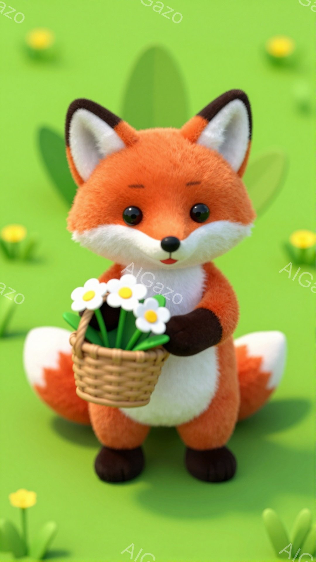 明るい緑色の背景に、可愛らしいキツネが立っています。キツネは白いお腹と足、そして編まれたバスケットを持っており、中には白い花が活けられています。全体的に暖かく、優しい雰囲気のイラストです。 - AI生成フリー素材