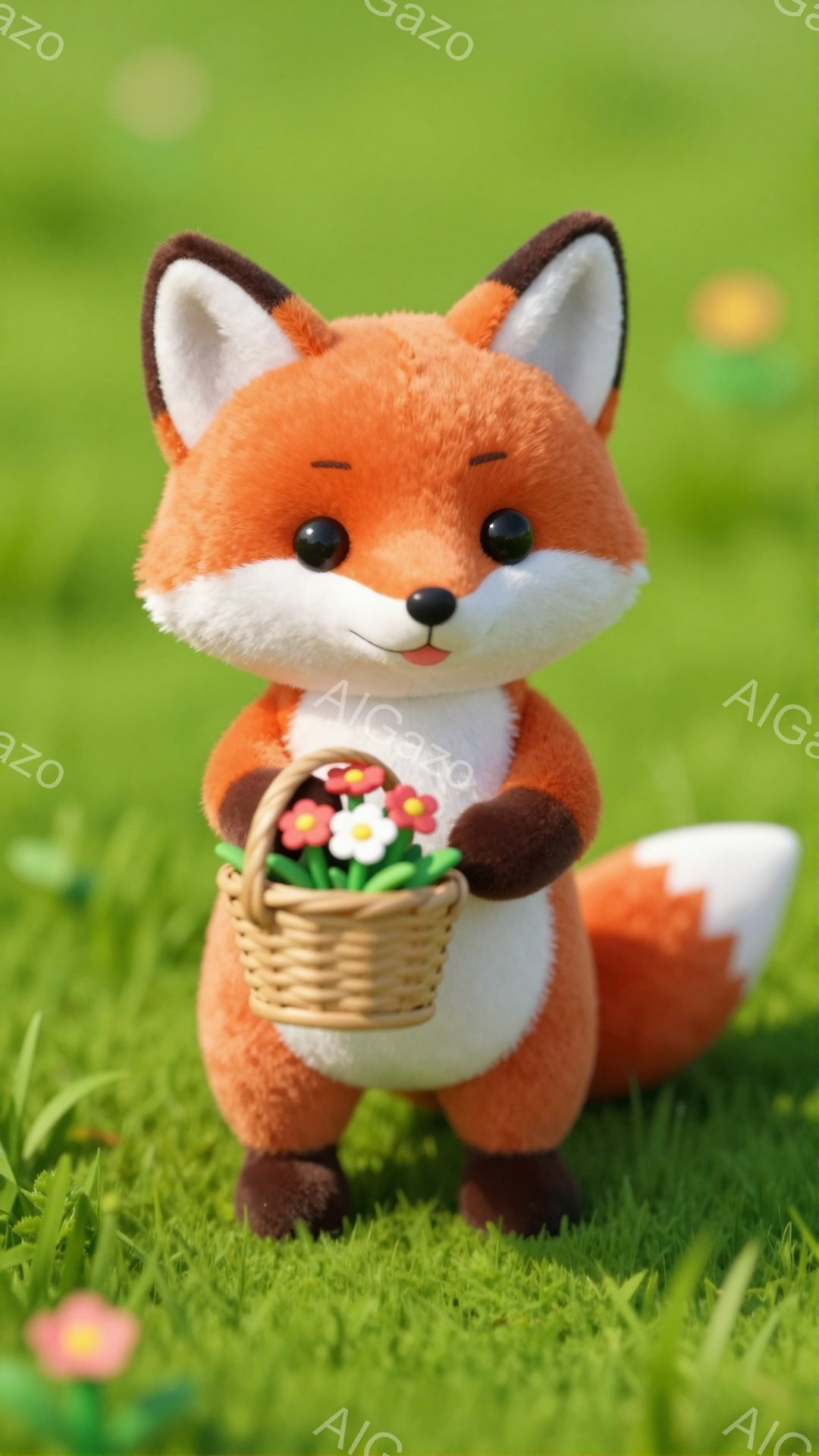 明るい緑の草の上に、オレンジ色のキツネが立っています。キツネは白いお腹と、花が詰まった小さなバスケットを持っています。愛らしい表情で、春の暖かい日差しを感じさせる、可愛らしい光景です。 - AI生成フリー素材