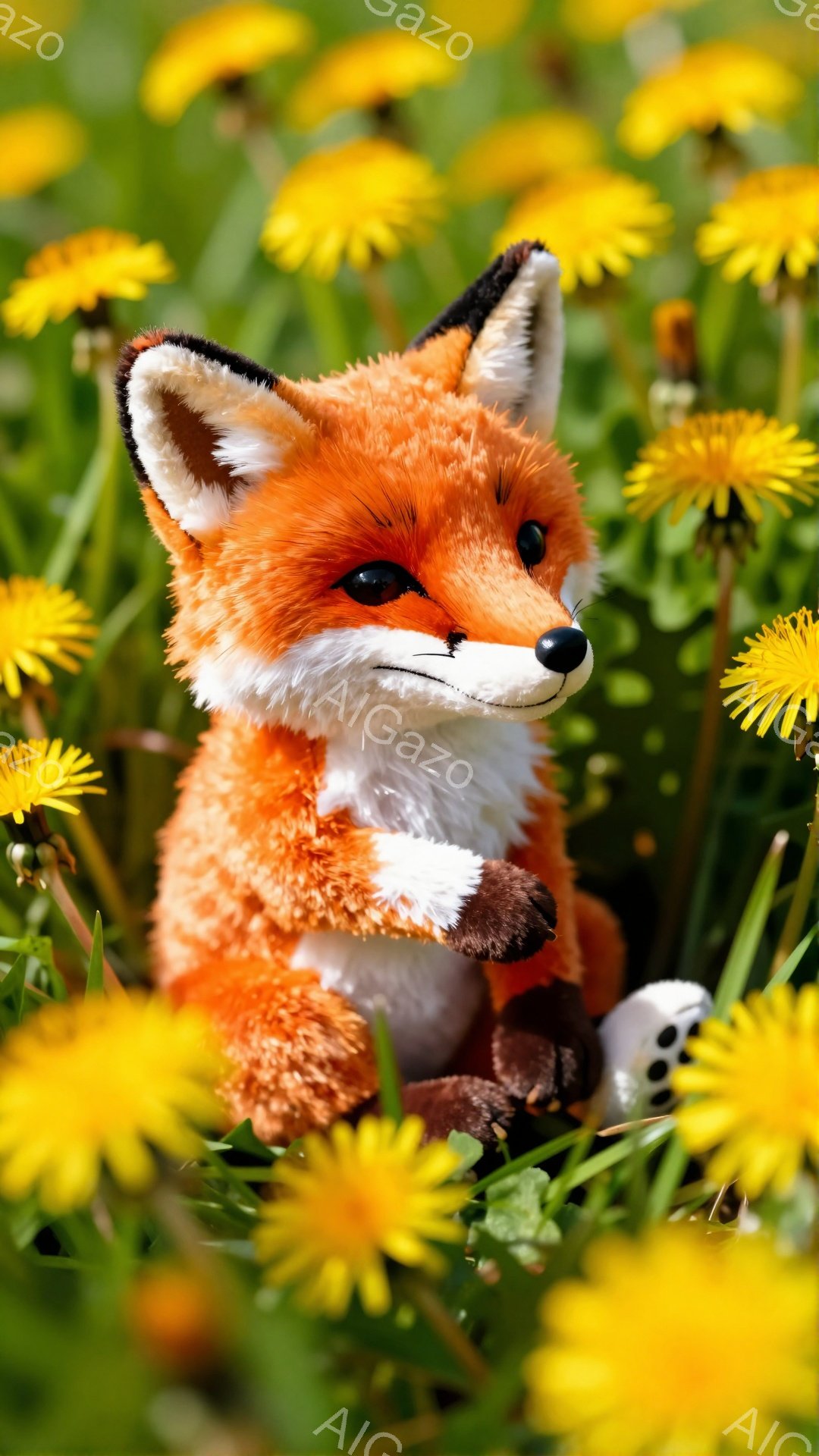 明るい黄色のタンポポ畑の中に、愛らしいキツネが座っています。その毛並みは鮮やかなオレンジ色で、白い胸と足が可愛らしさを引き立てています。優しい光がキツネを照らし、平和で穏やかな雰囲気を醸し出しています。