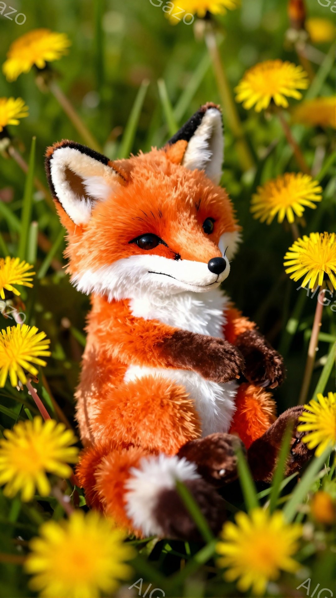 明るい野原で、オレンジ色のキツネのぬいぐるみがお座りしている。周りには黄色いタンポポが咲き乱れ、春の暖かな日差しが感じられる。ふっくらとした体と優しい表情が可愛らしい。