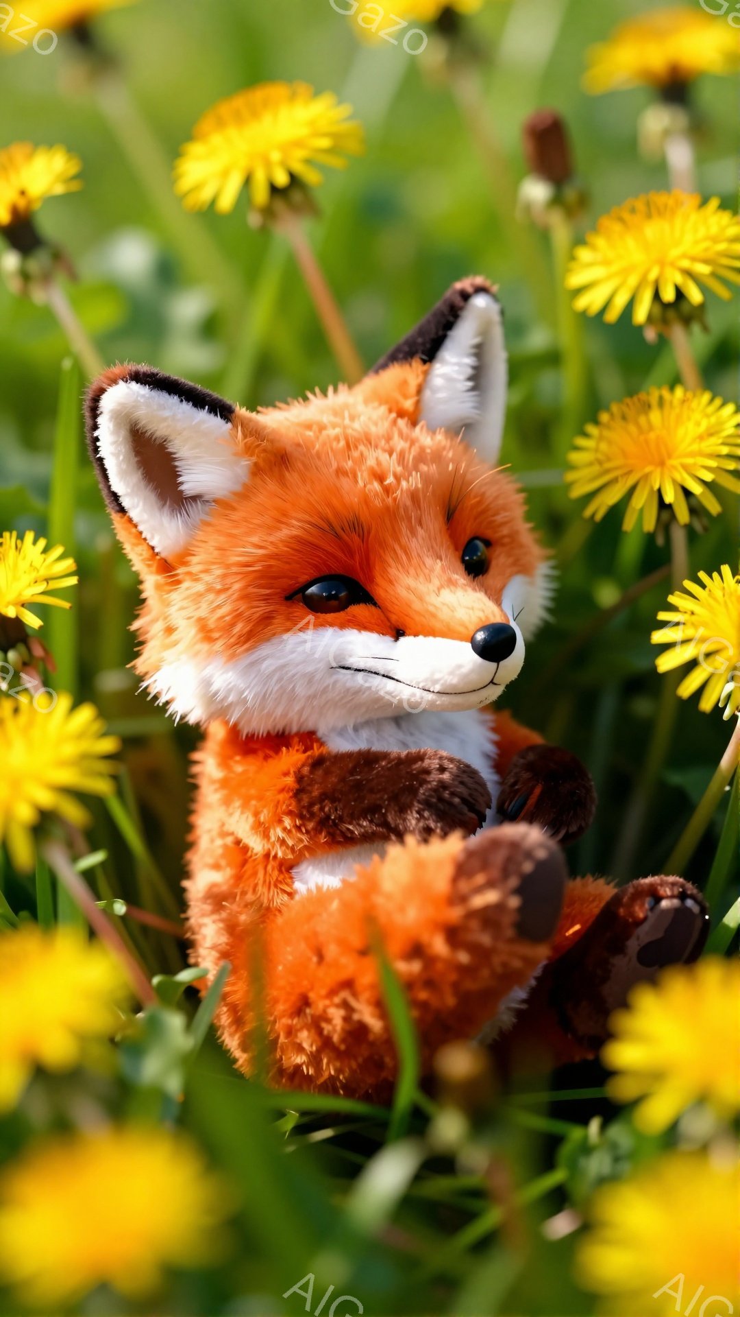 鮮やかな黄色いタンポポ畑に、子ギツネが座ってこちらを見ています。ふさふさとした毛並みと愛らしい表情が印象的で、背景の緑とのコントラストが春の暖かさを感じさせます。子ギツネは小さく丸まっており、まるでぬいぐるみのように可愛らしいです。