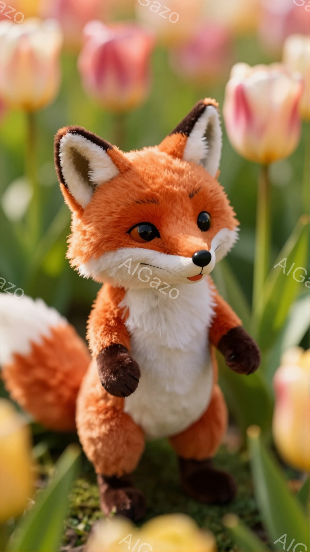 明るい緑の草の中で、愛らしいキツネのぬいぐるみです。オレンジ色の毛並みに白い胸元と尻尾が特徴的で、つぶらな瞳が印象的です。背景にはぼやけたピンクや黄色のチューリップの花が見え、春の穏やかな雰囲気を演出しています。