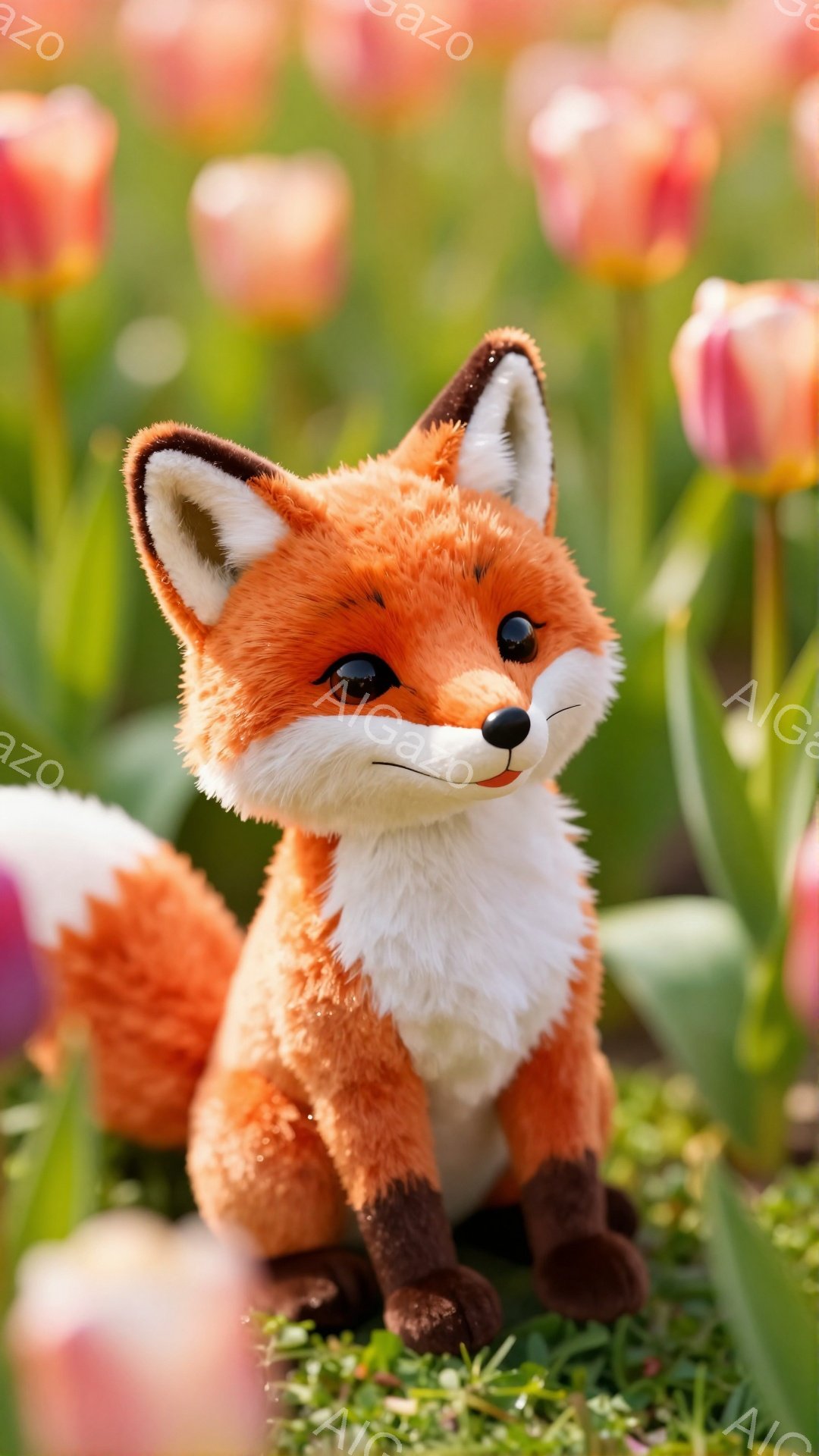 オレンジ色のキツネが、緑の草の上に座ってこちらを見ています。背景にはぼやけたピンクと白のチューリップが咲き乱れ、春の穏やかな雰囲気を醸し出しています。毛並みがふさふさとしており、愛らしい表情をしています。