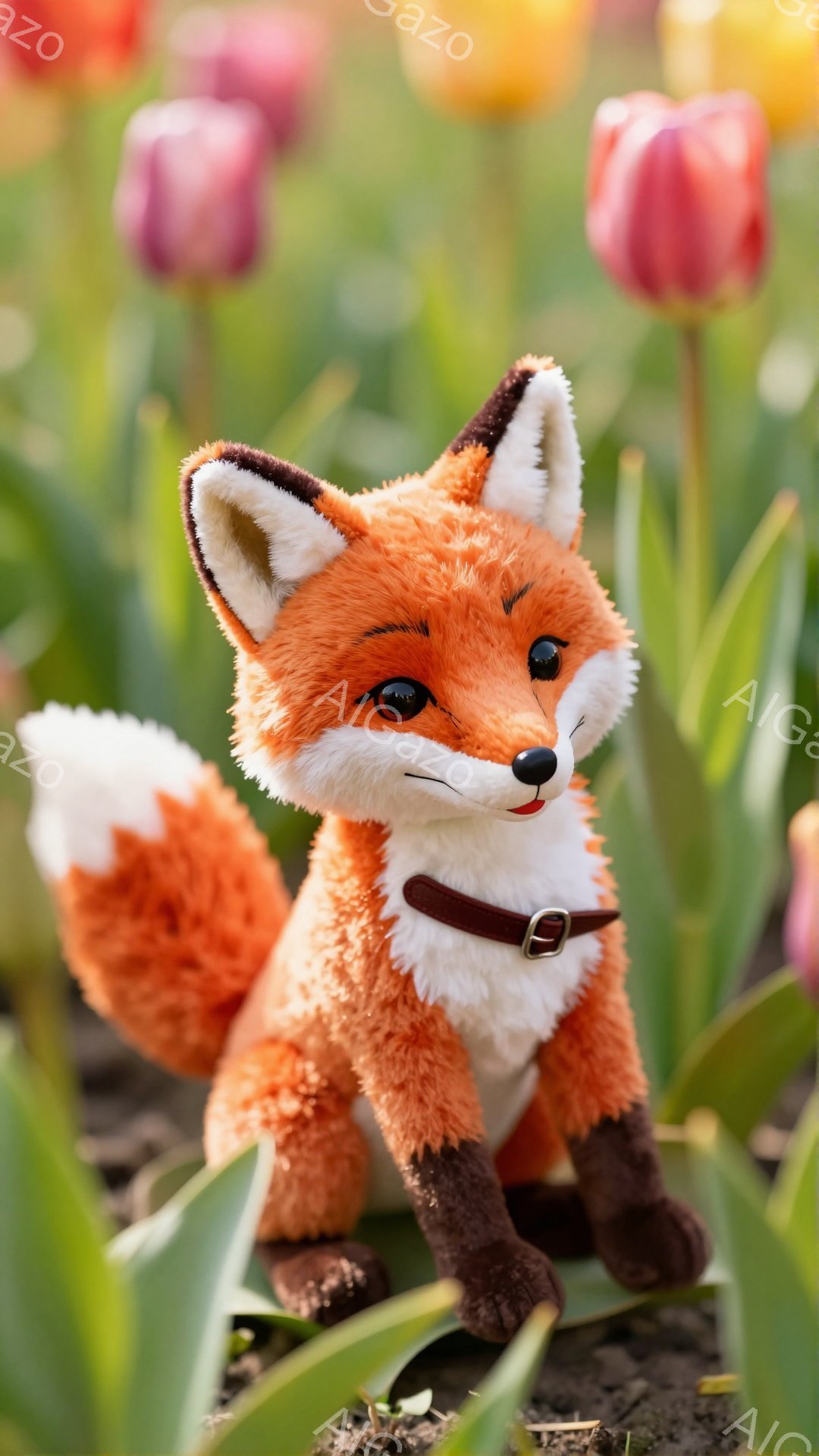 明るい緑の葉とチューリップに囲まれた、愛らしいキツネのぬいぐるみです。赤い毛並みと白い胸元が特徴で、首輪を付けています。キツネは穏やかな表情で、こちらを見つめています。